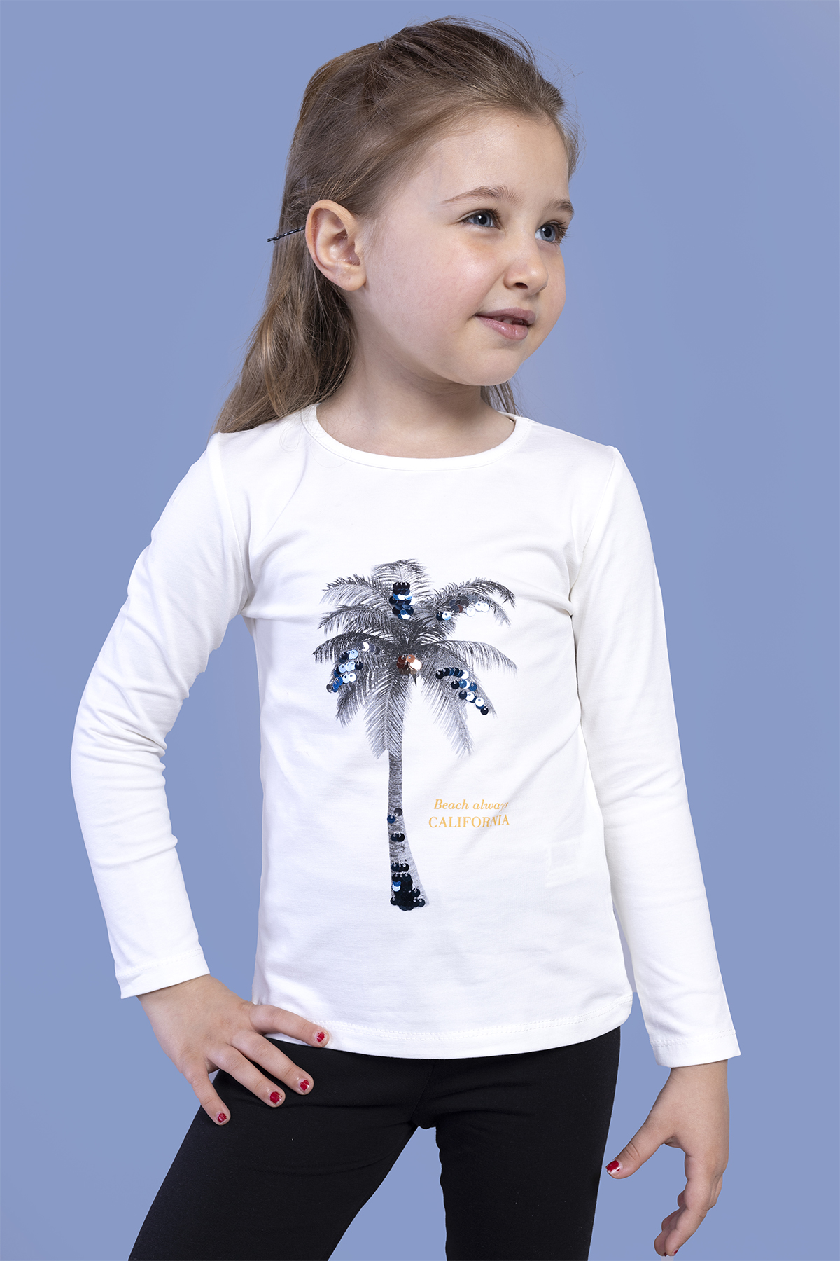 Toontoy Kız Çocuk Palmiye Baskılı Pul İşlemeli Tişört