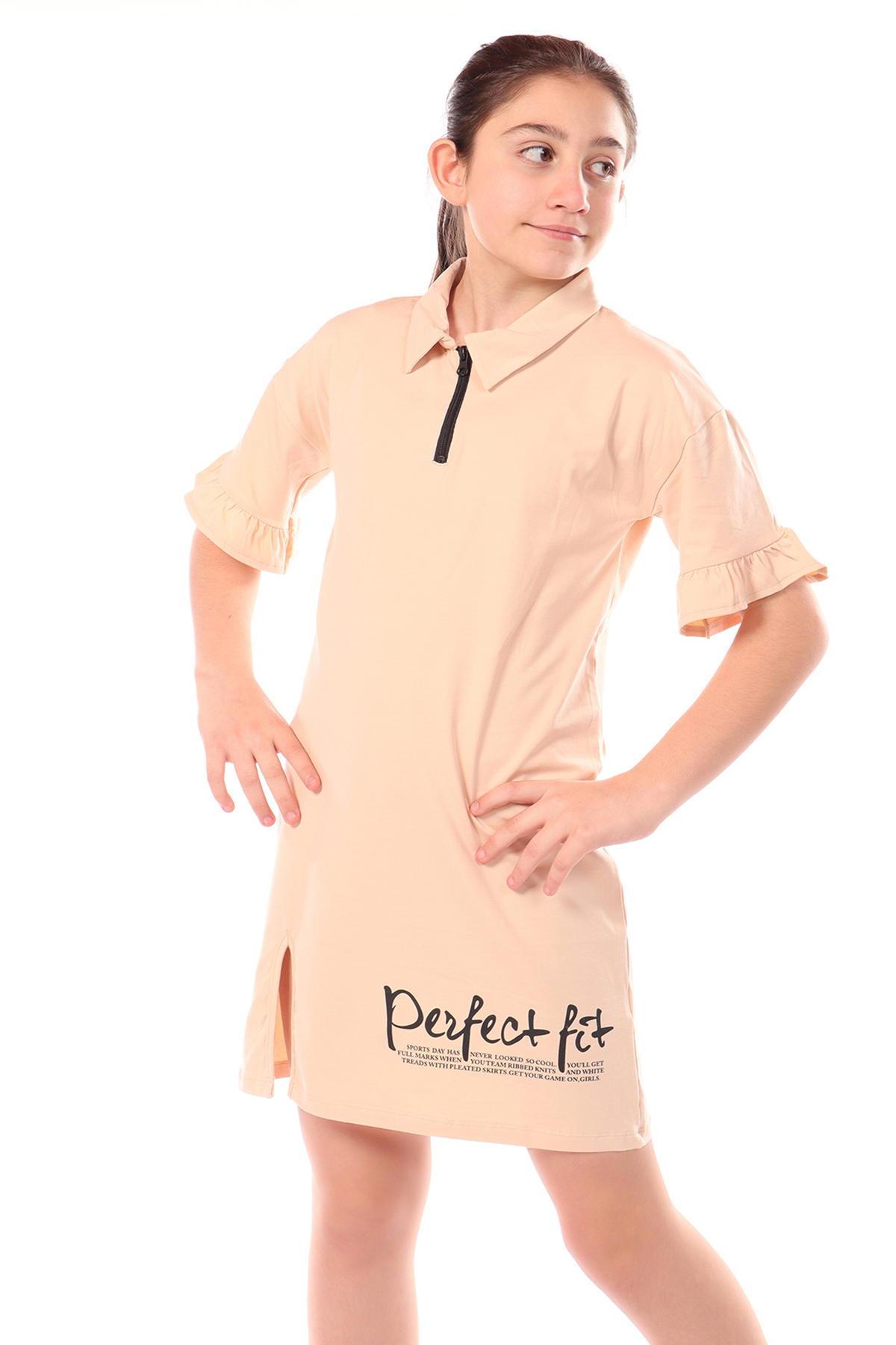 Toontoy Kız Çocuk Yakalı Fermuar Detaylı Perfect Fit Baskılı Elbi