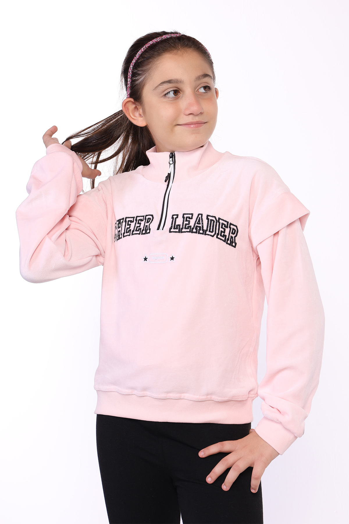 Toontoy Kız Çocuk Fermuar Detaylı Nakışlı Kadife Sweatshirt