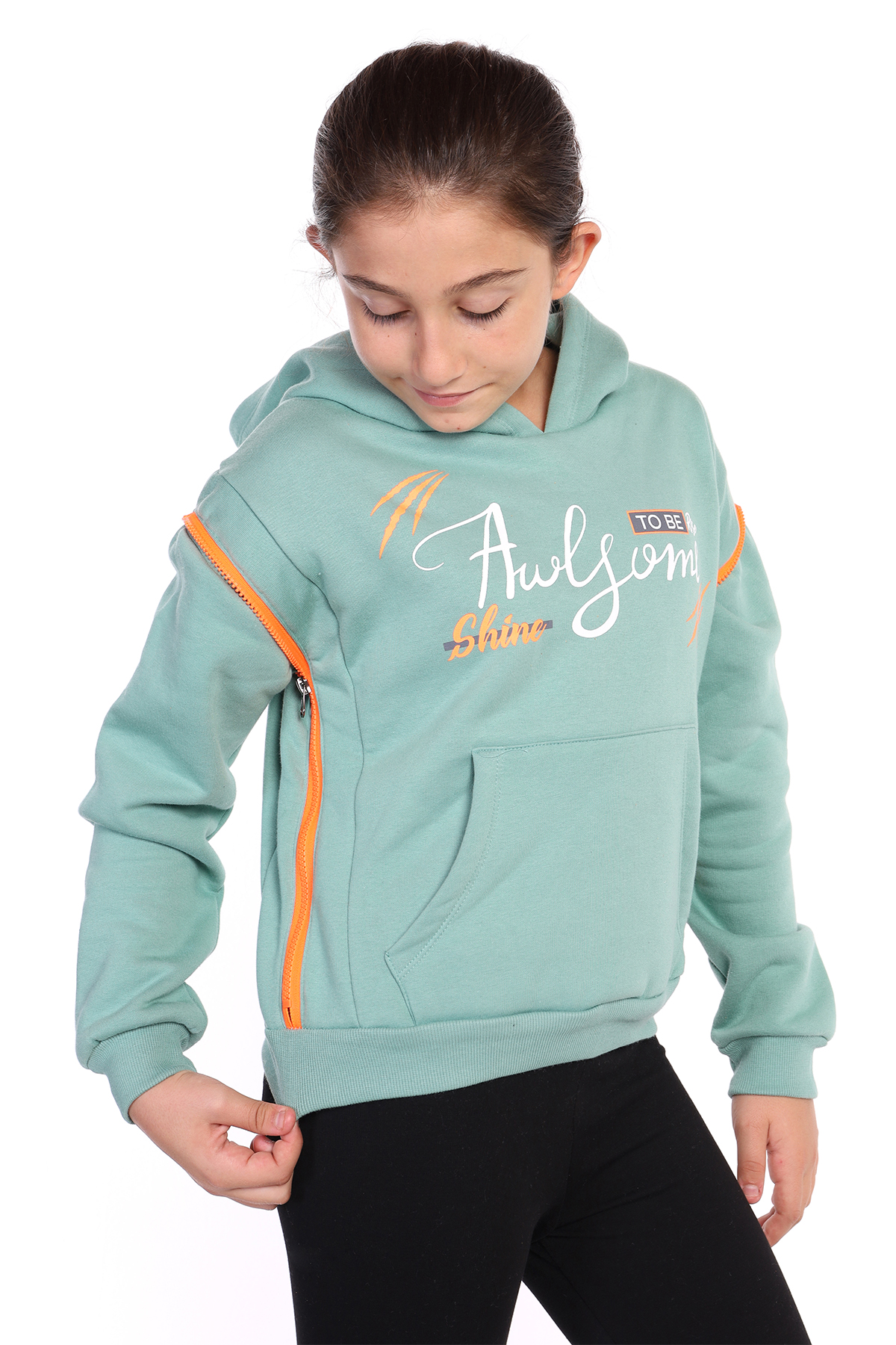 Toontoy Kız Çocuk Kapüşonlu Fermuar Detaylı Baskılı Sweatshirt