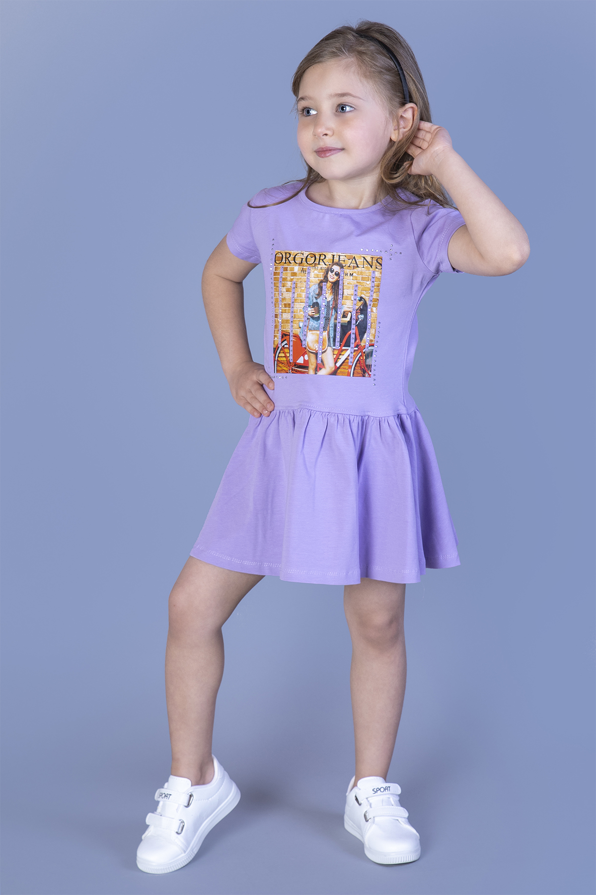 Toontoy Kız Çocuk Dijital Baskılı Taş İşlemeli Elbise