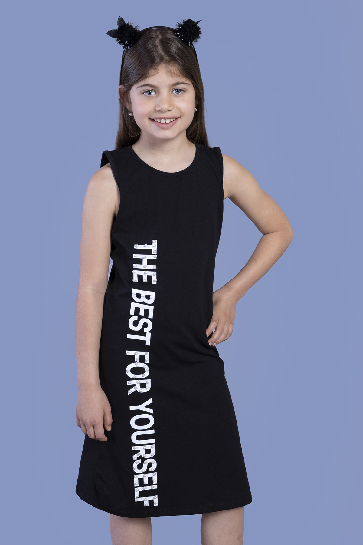 Toontoy Kız Çocuk İnci Detaylı Baskılı Elbise