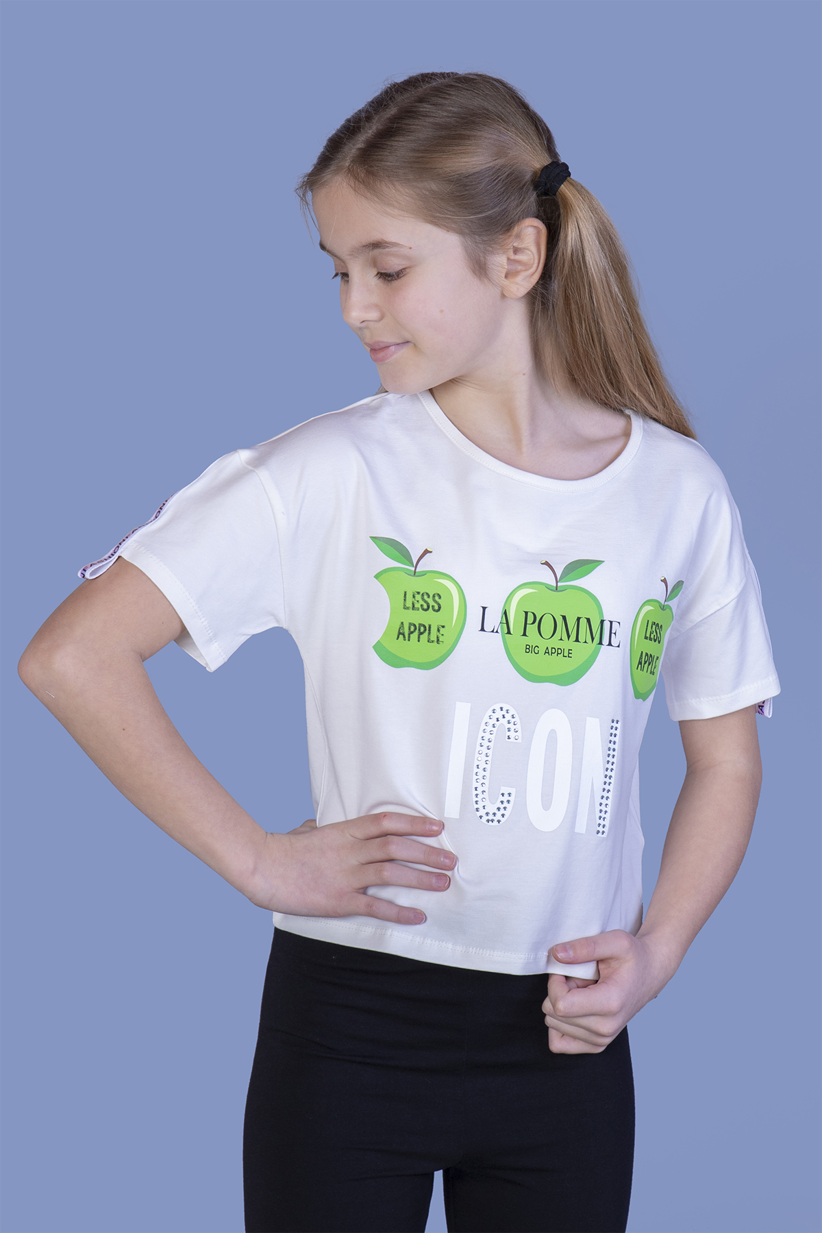 Toontoy Kız Çocuk Crop Model Elma Baskılı Tişört