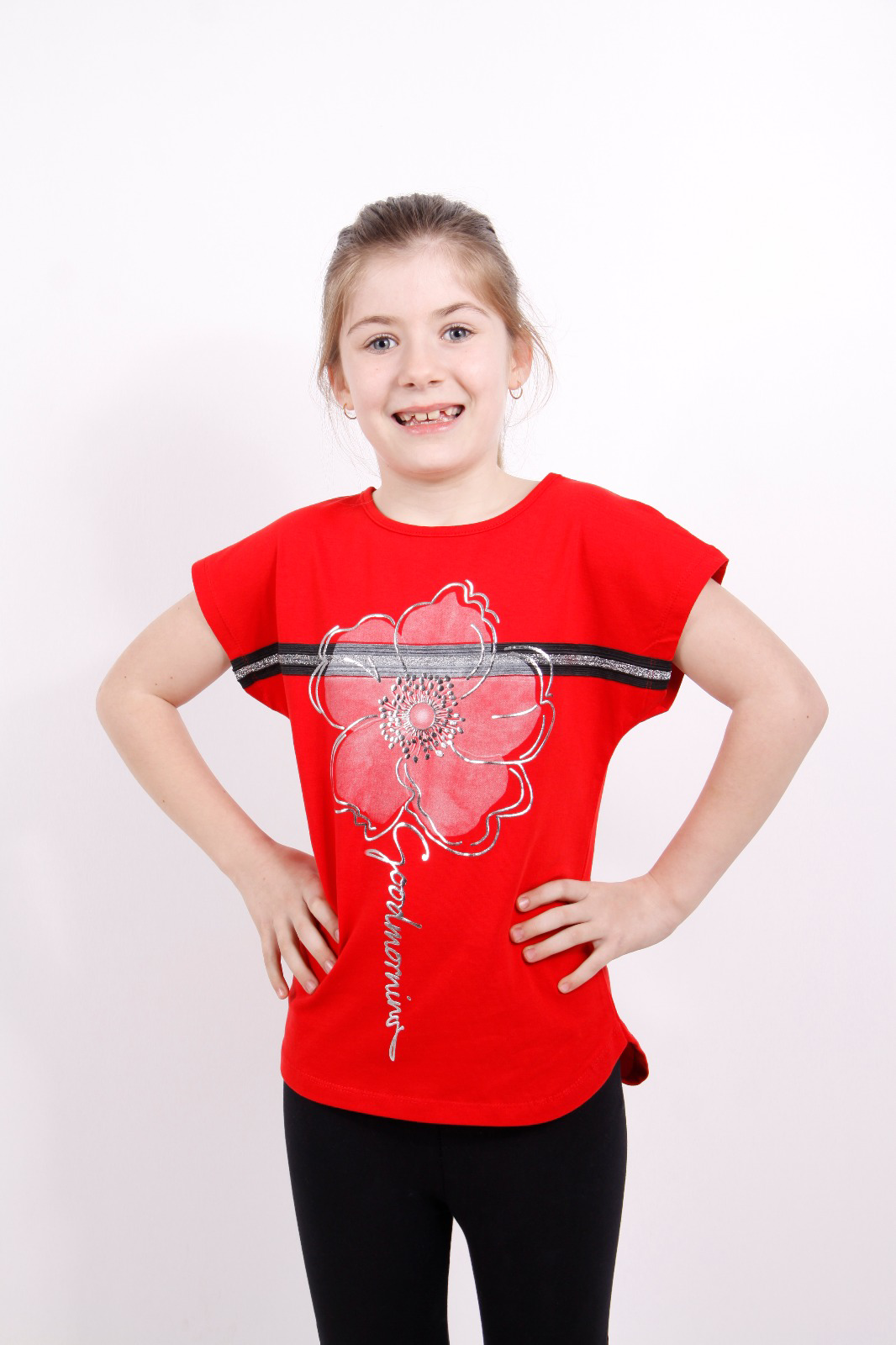 Toontoy Kız Çocuk Çiçek Şeritli Tişört