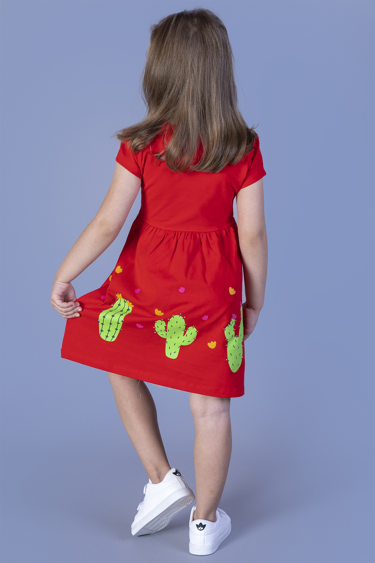 Toontoy Kız Çocuk Kaktüs Baskılı Büzgülü Elbise