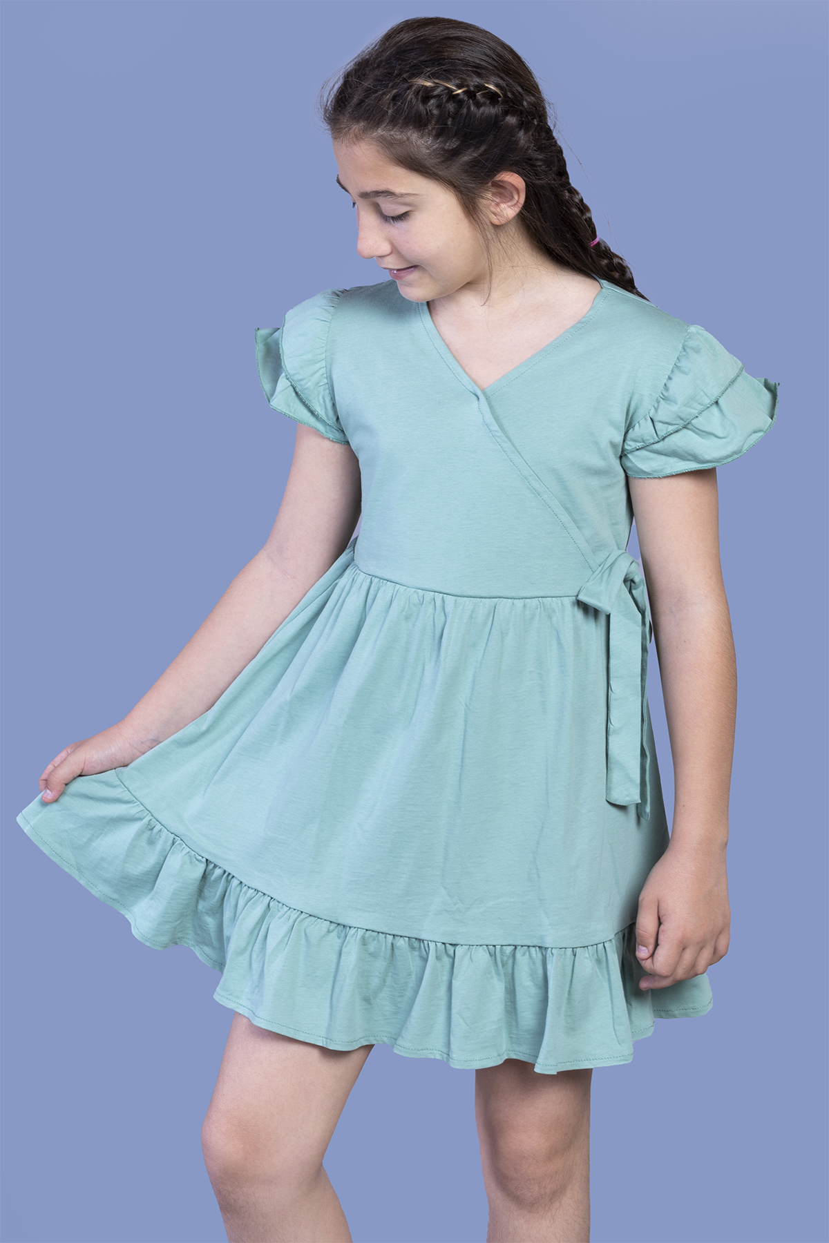 Toontoy Kız Çocuk Yandan Bağlama Detaylı Kruvaze Elbise