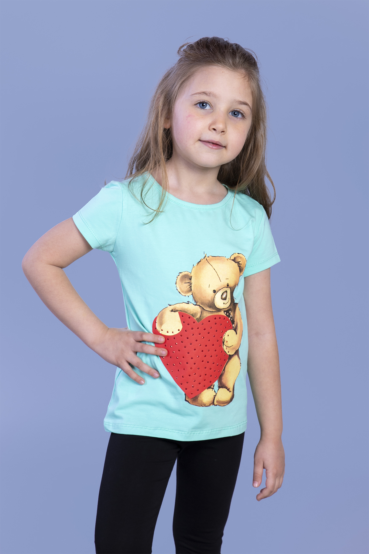 Toontoy  Kiz Çocuk Kalpli Ayicik Baskili Taş İşlemeli Tişört