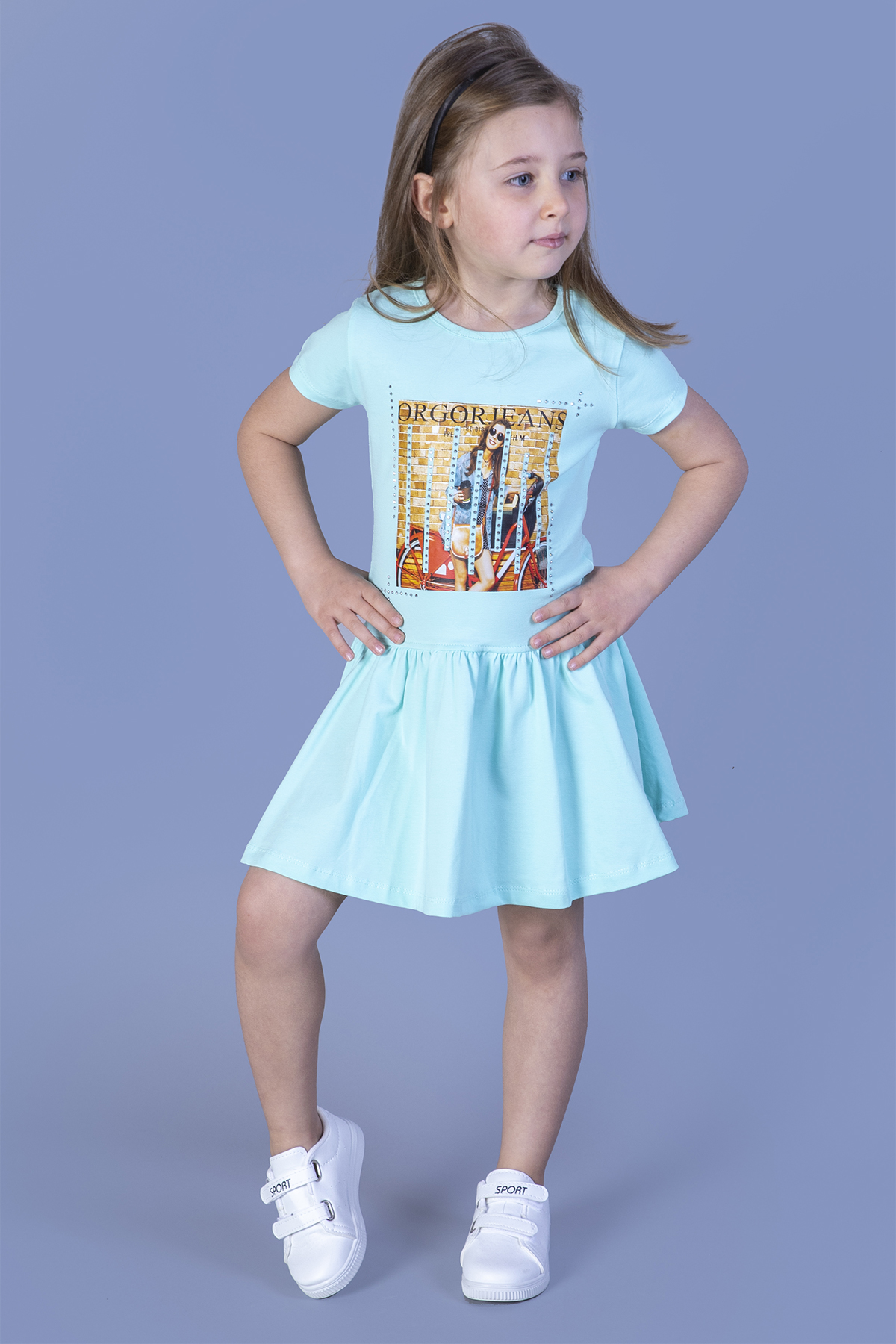 Toontoy Kız Çocuk Dijital Baskılı Taş İşlemeli Elbise