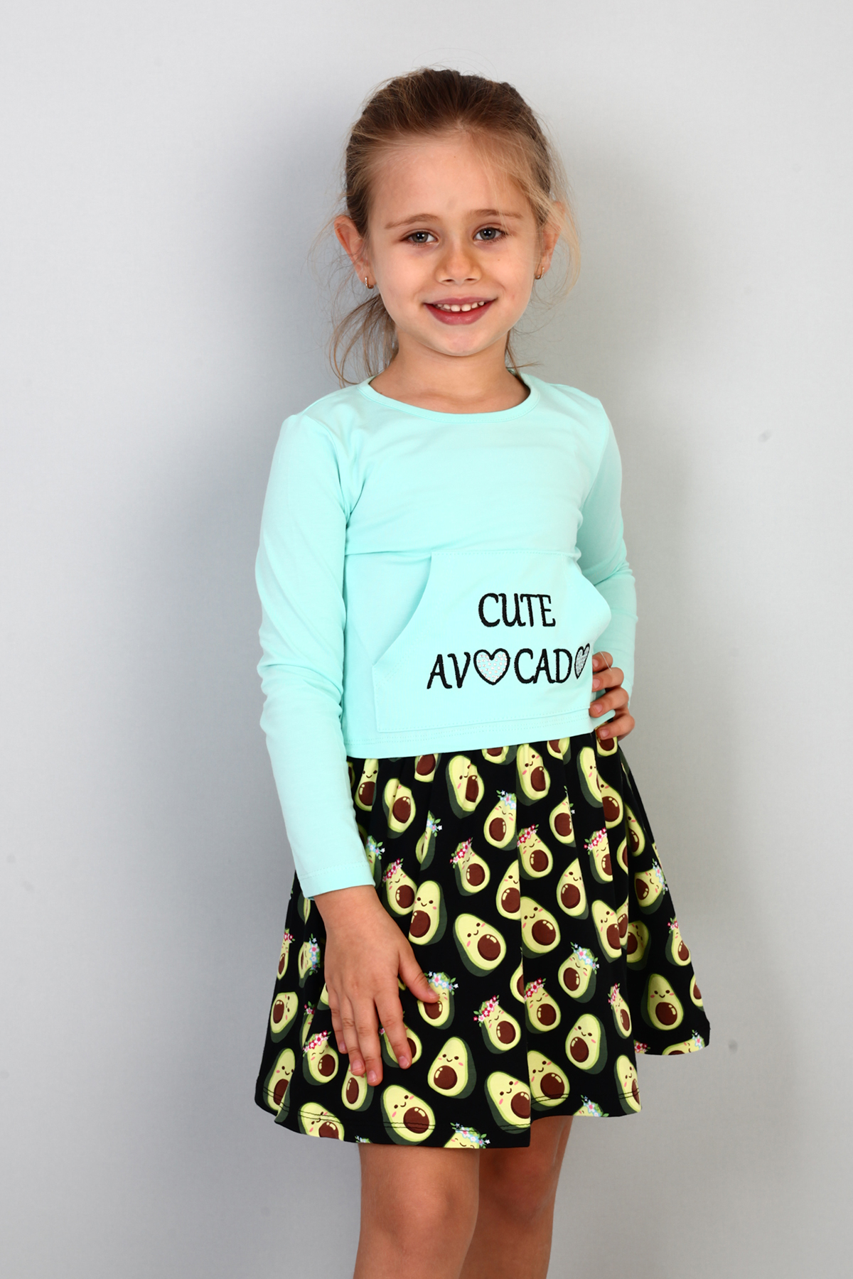 Toontoy Kız Çocuk Cute Avocado Naskışlı Eteği Desenli Elbise
