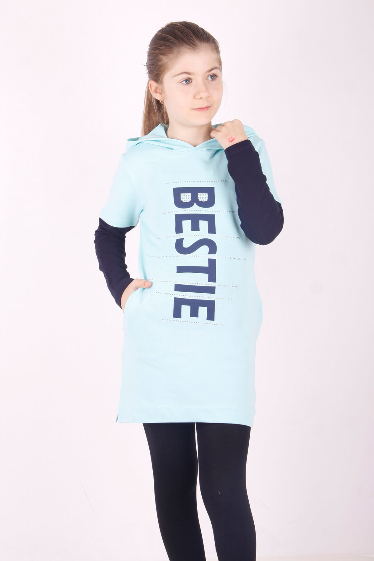 Toontoy Kız Çocuk Bestie Baskılı Kapşonlu Elbise