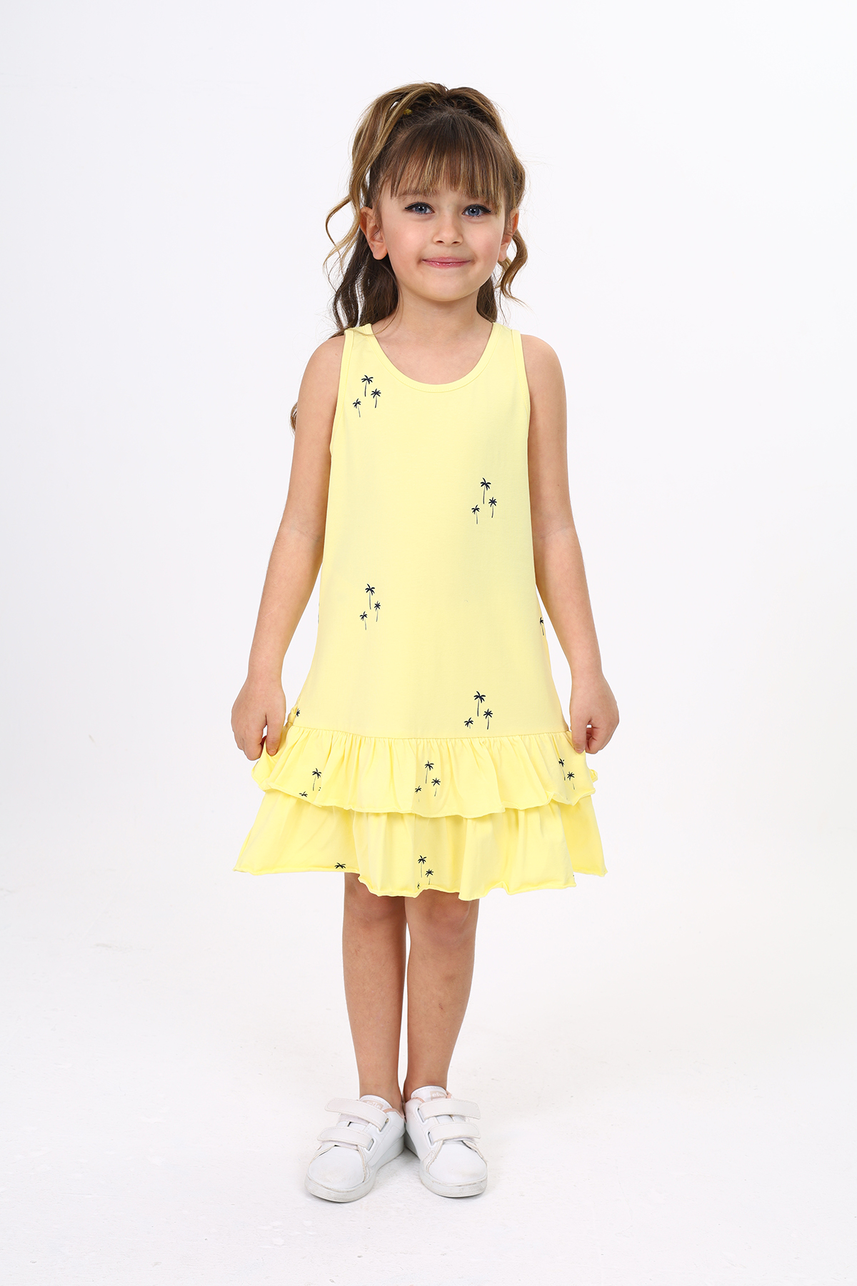 Toontoy Kız Çocuk Fırfırlı Palmiye Ağacı Baskılı Elbise