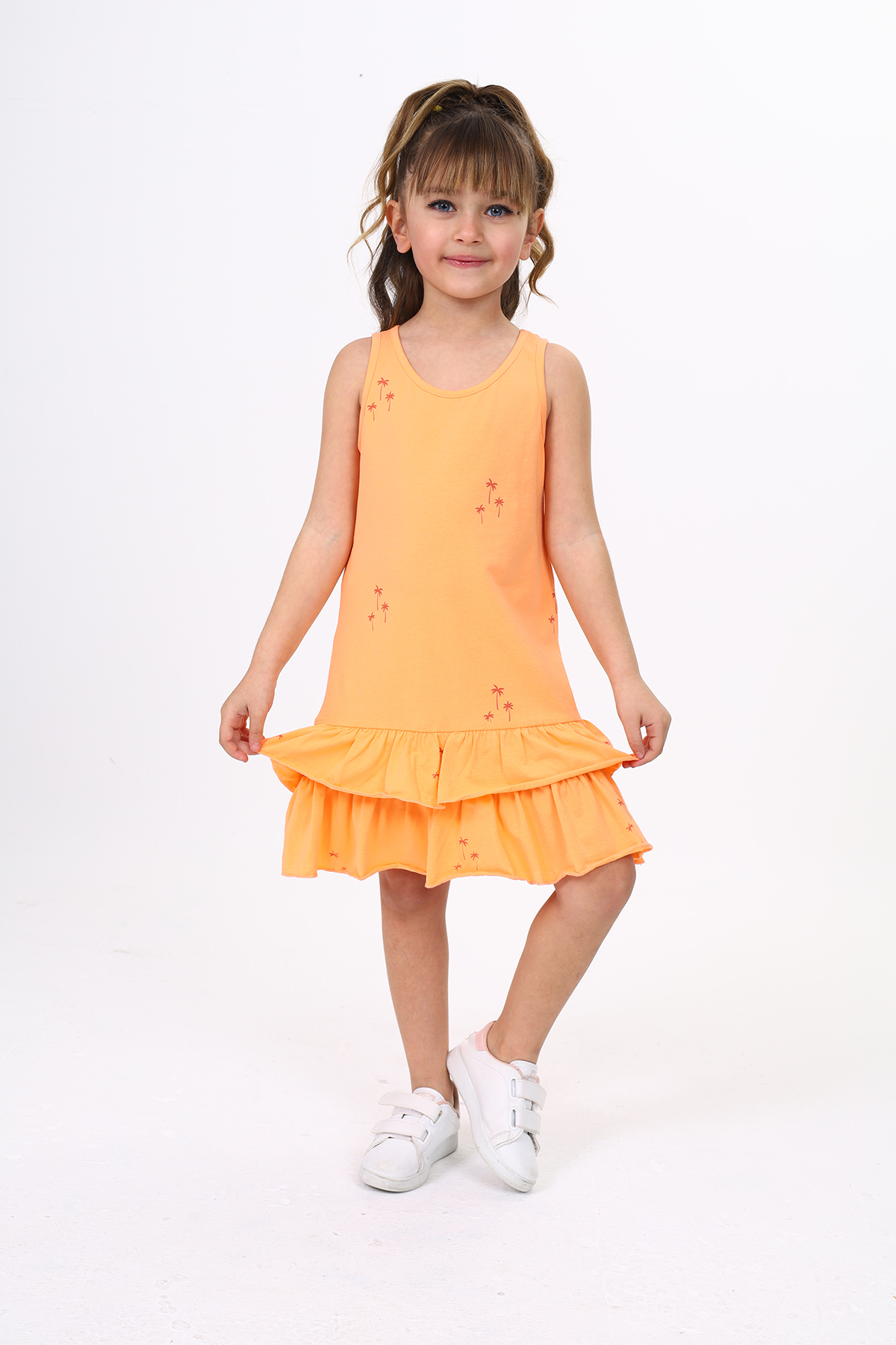 Toontoy Kız Çocuk Fırfırlı Palmiye Ağacı Baskılı Elbise