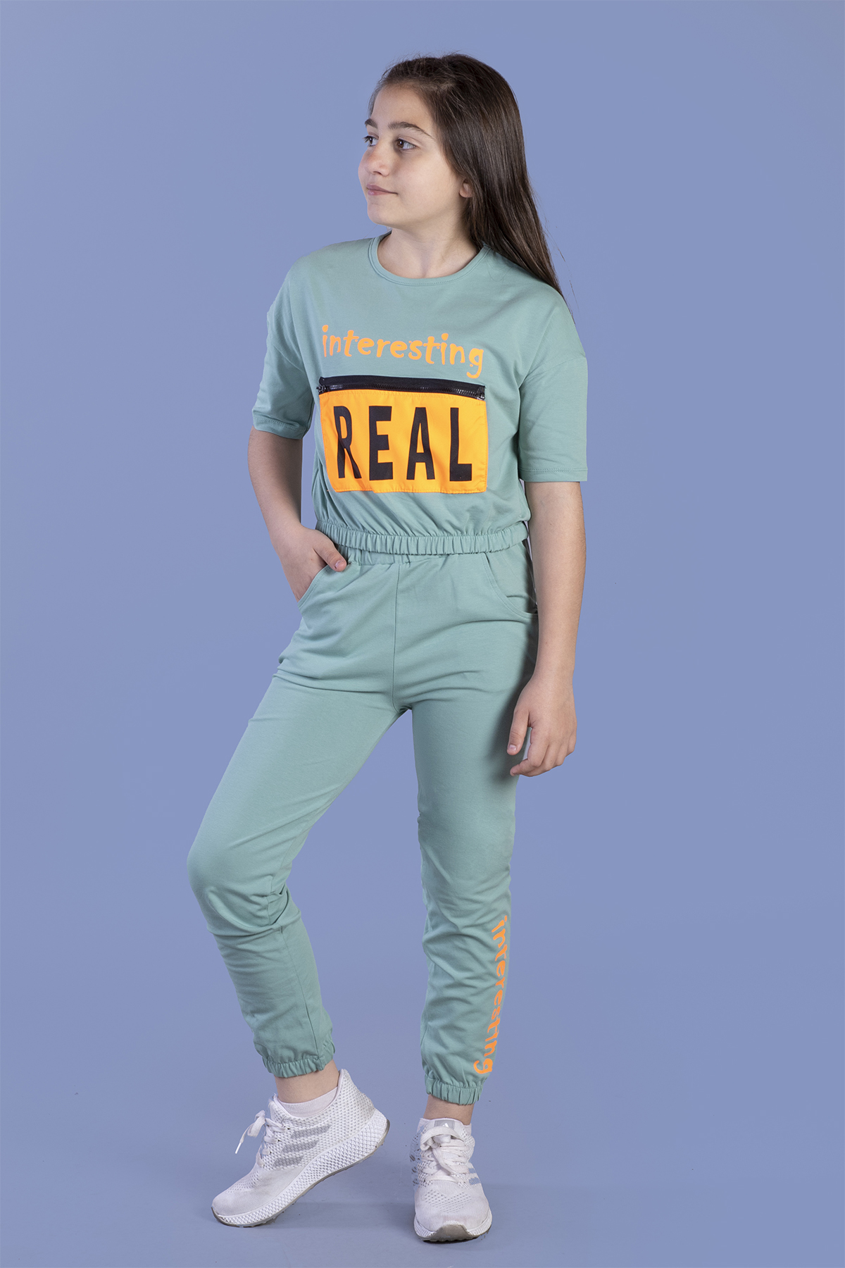 Toontoy Kız Çocuk Crop Model Cep Detaylı Baskılı Eşofman Takımı