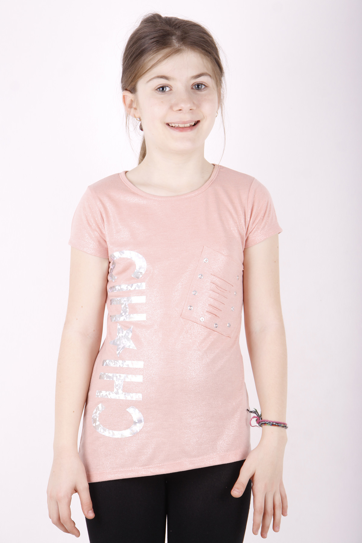 Toontoy Kız Çocuk Yıldız Baskılı Kesik Cep Detaylı Tişört