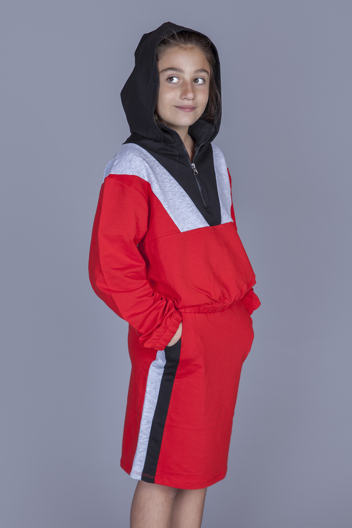 Toontoy Kız Çocuk Kapüşonlu Garni Etekli Takım