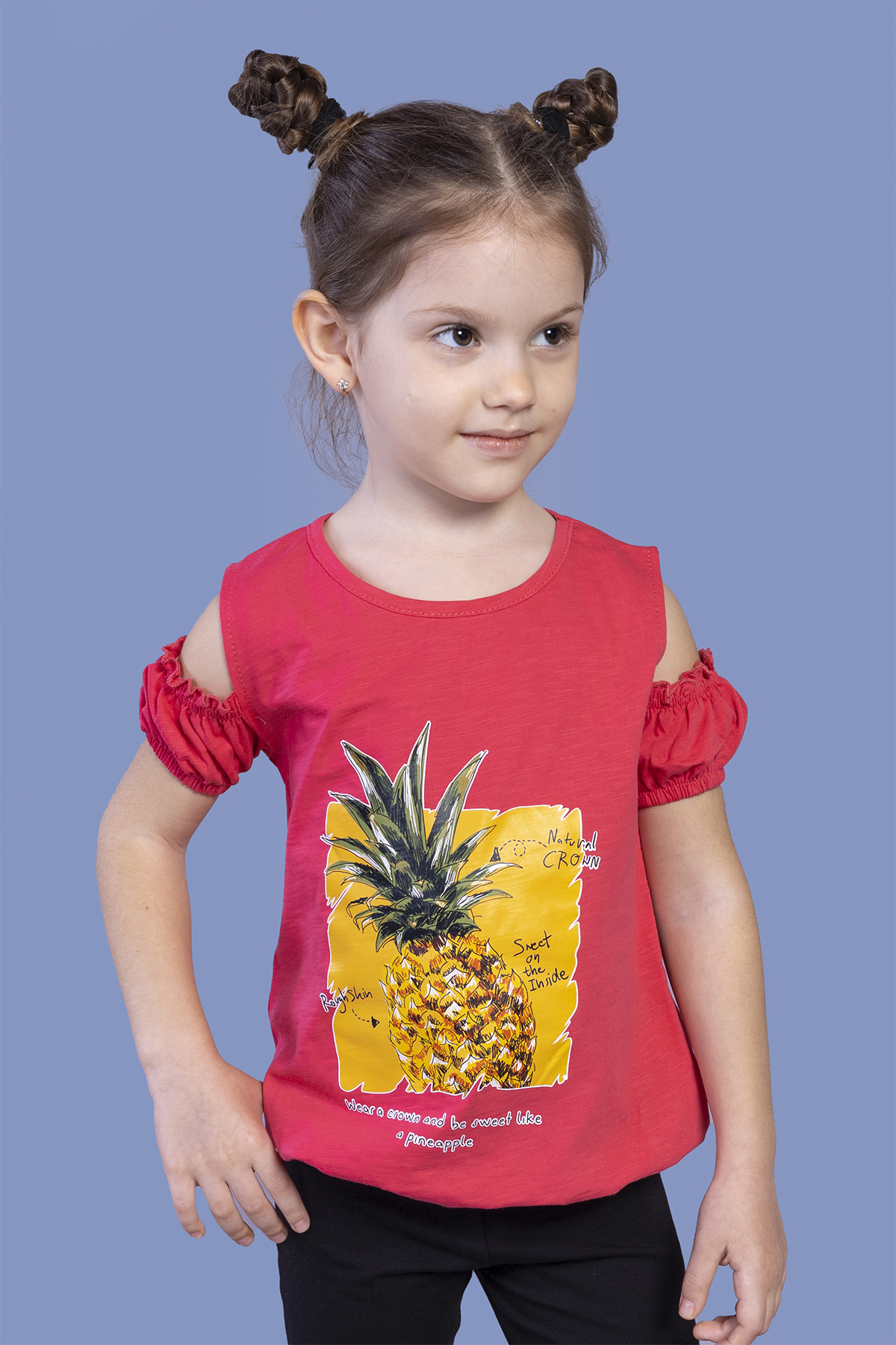 Toontoy  Kiz Çocuk Kollari Detayli  Ananas Baskili Tişört