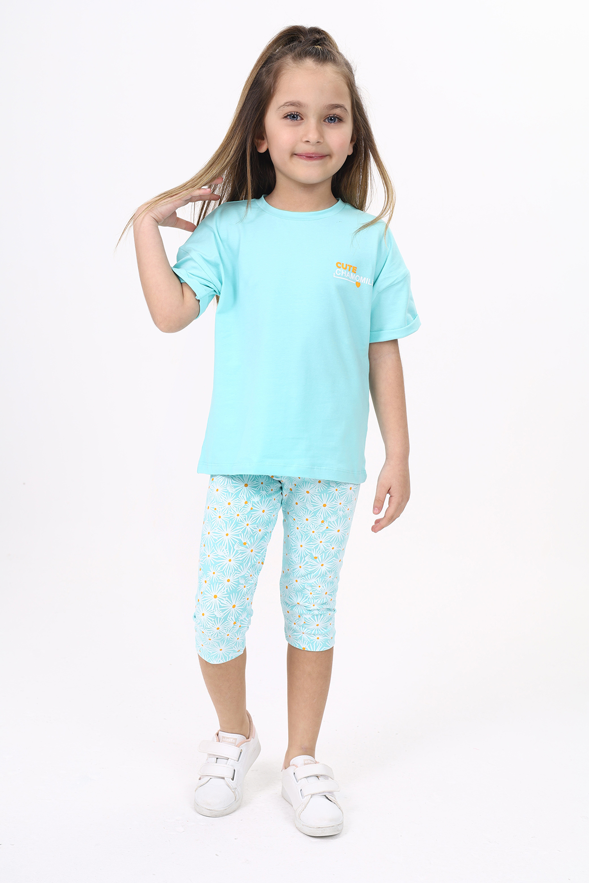 Toontoy Kız Çocuk Göğsü Cute Chamomle Baskılı Kaprili Takım
