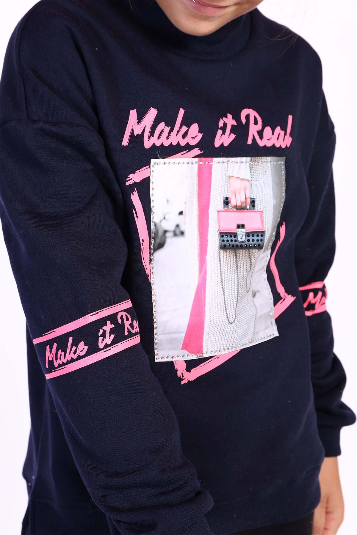 Toontoy Kız Çocuk Baskılı Taş İşlemeli Balıkçı Yaka Sweatshirt