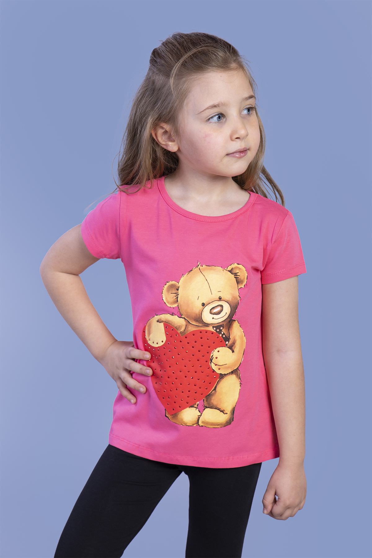 Toontoy  Kiz Çocuk Kalpli Ayicik Baskili Taş İşlemeli Tişört