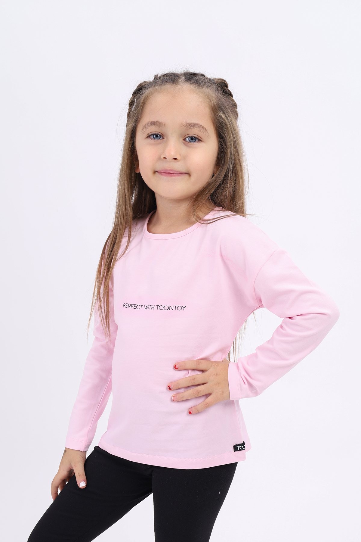Toontoy Kız Çocuk Komple Baskılı Yırtmaç Detaylı Taytlı Takım