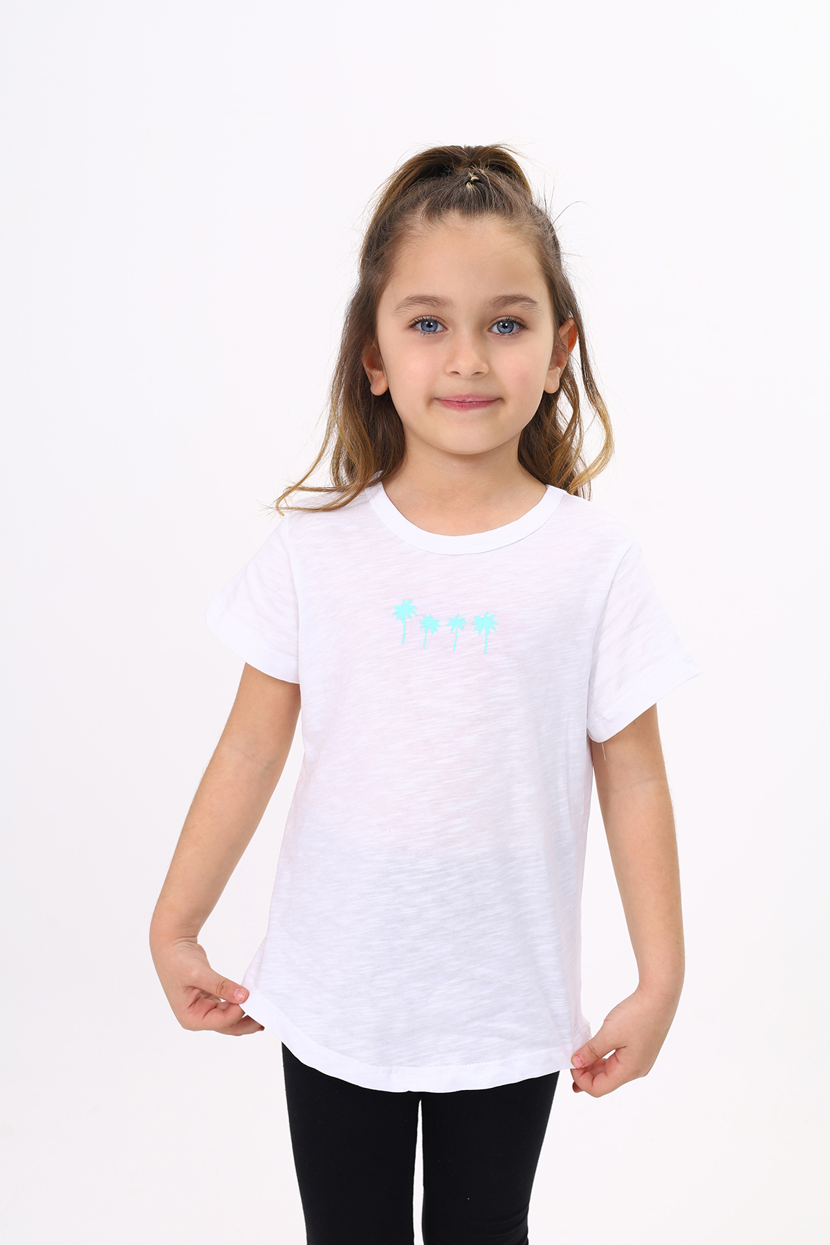 Toontoy Kız Çocuk  Palmiye Baskılı  Düz Tişört