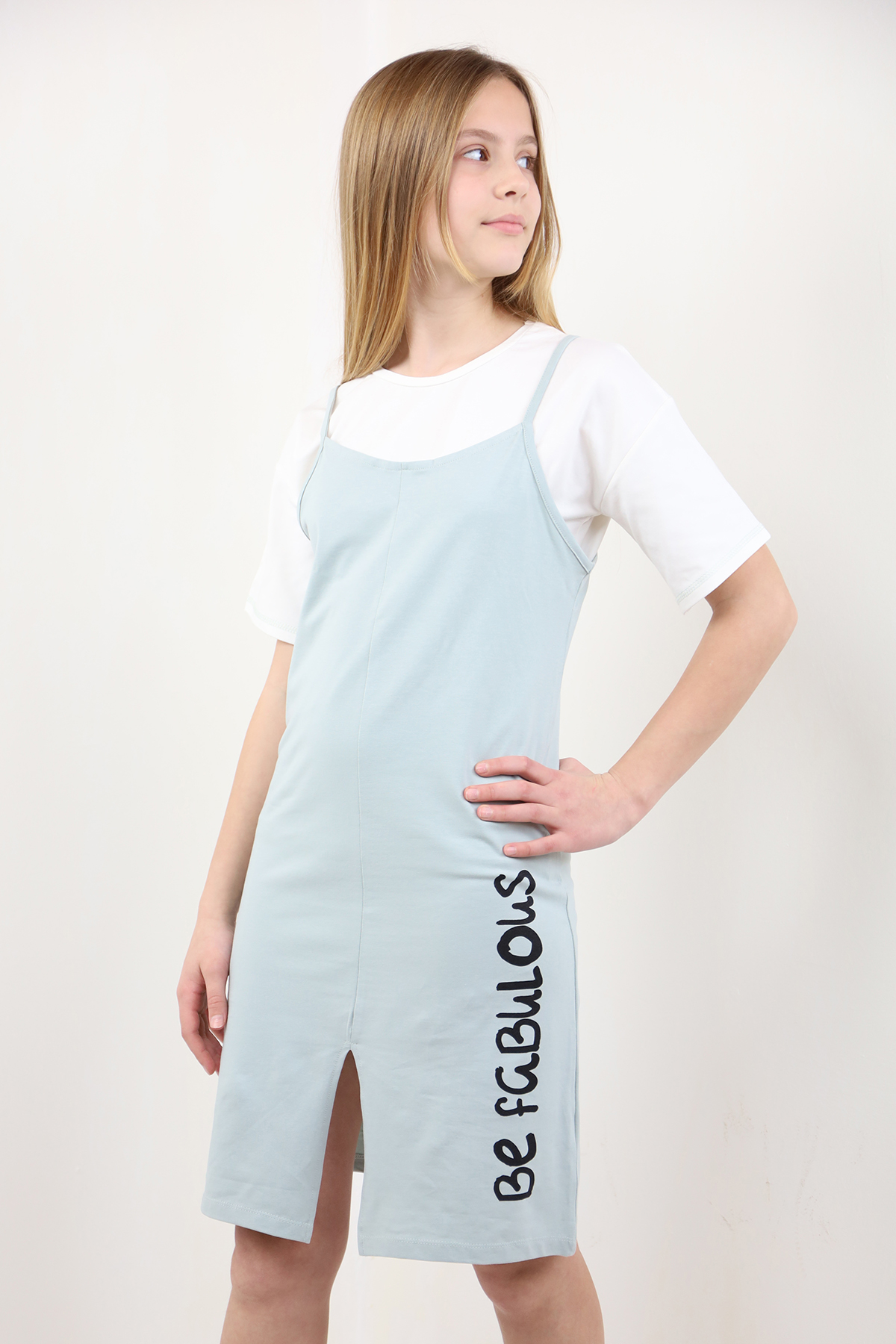 Toontoy Kız Çocuk Armalı Yırtmaç Detaylı 2li Baskılı Elbiseli Tak