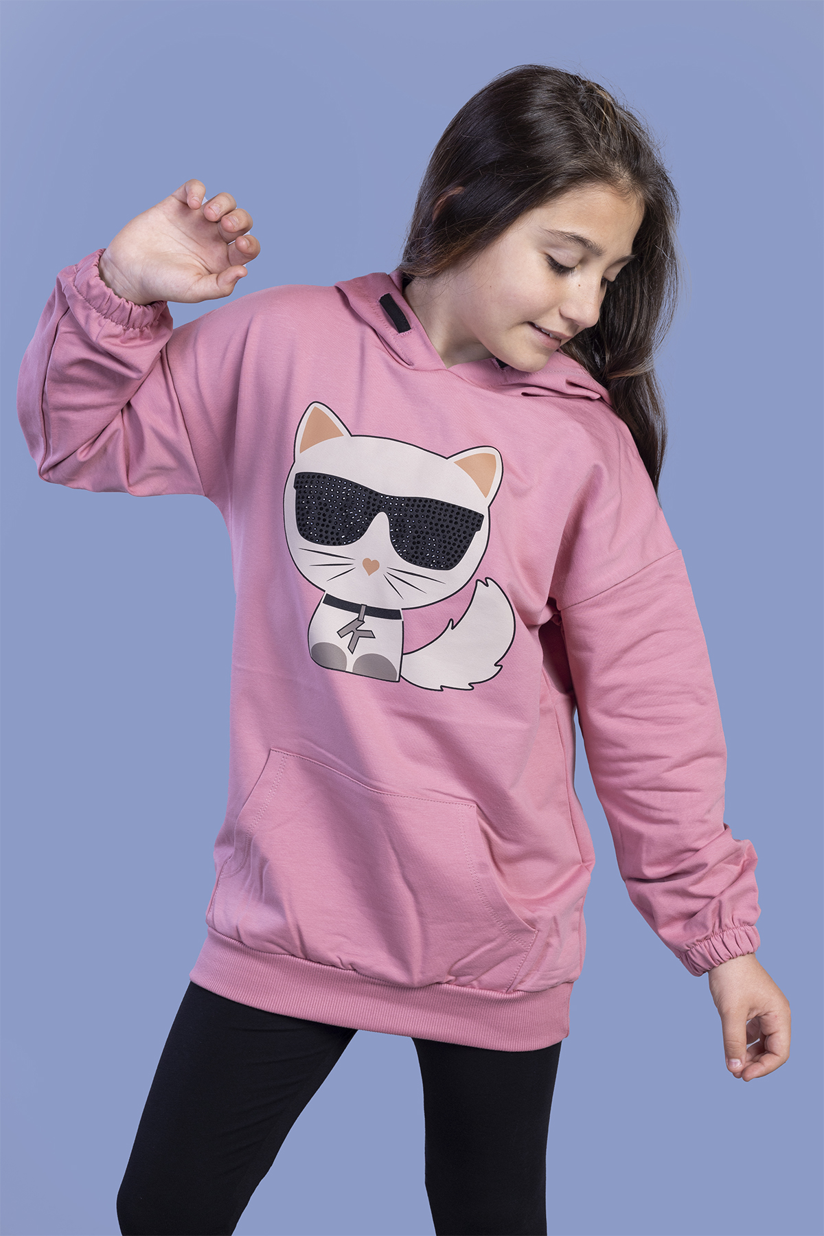 Toontoy Kız Çocuk Kedi Desenli Taş İşlemeli Kanguru Cepli Sweatsh