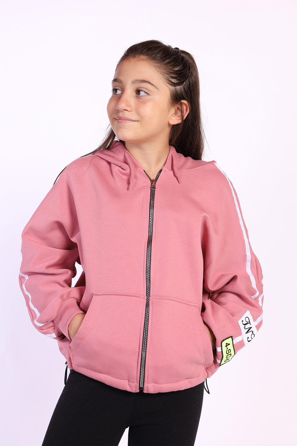 Toontoy Kız Çocuk Kol Üstü Şeritli Armalı Salaş Hırka