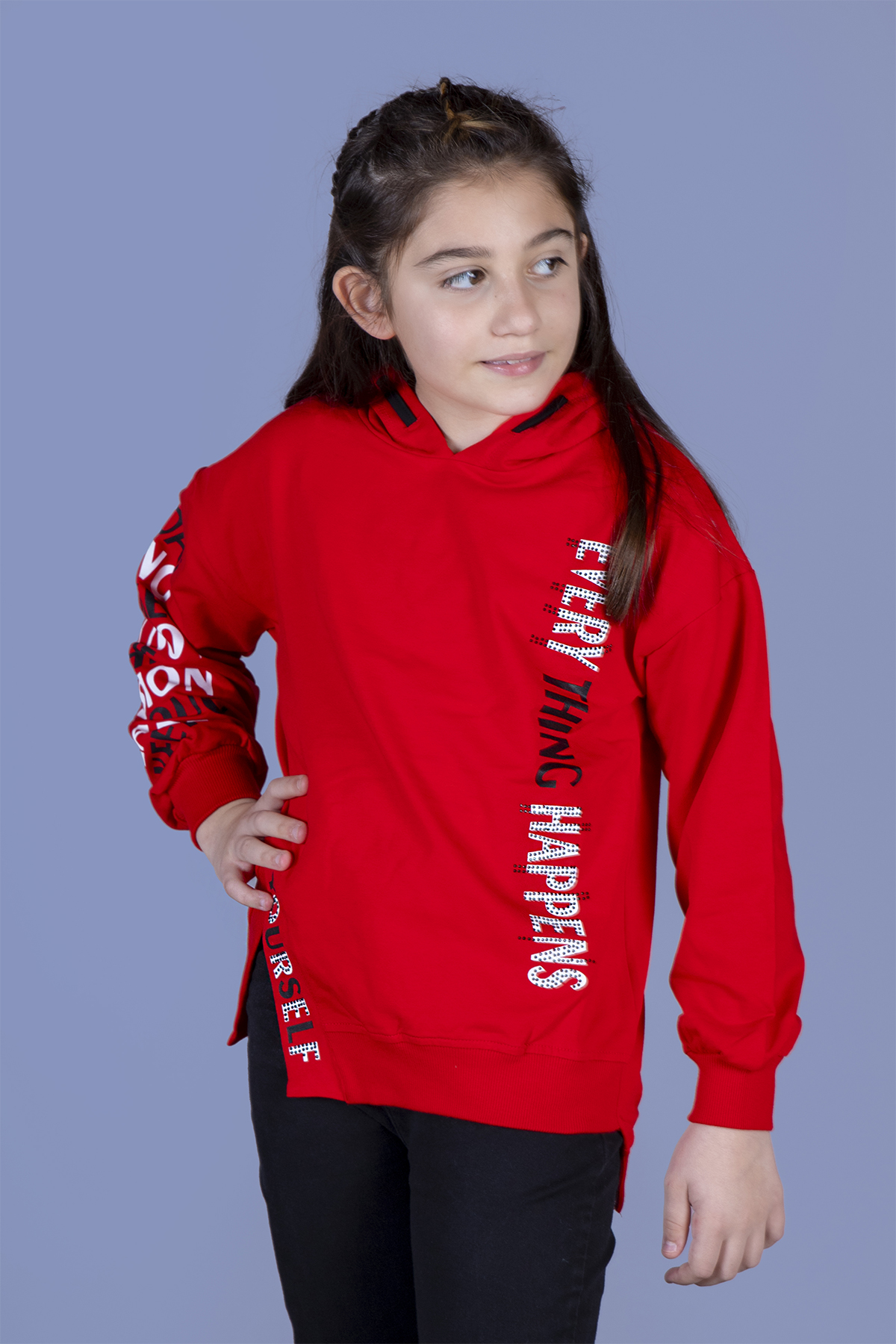 Toontoy Kız Çocuk Kapüşonlu Yırtmaç Detaylı Baskılı Sweatshirt