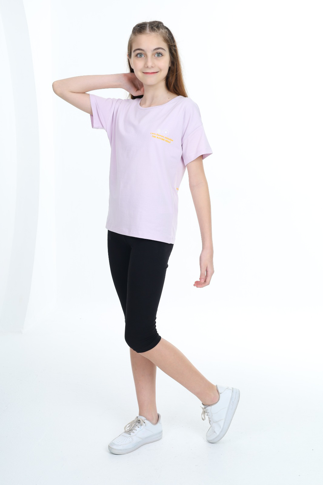 Toontoy Kız Çocuk Göğsü Çiçek Yazı Baskılı Taytlı Takım