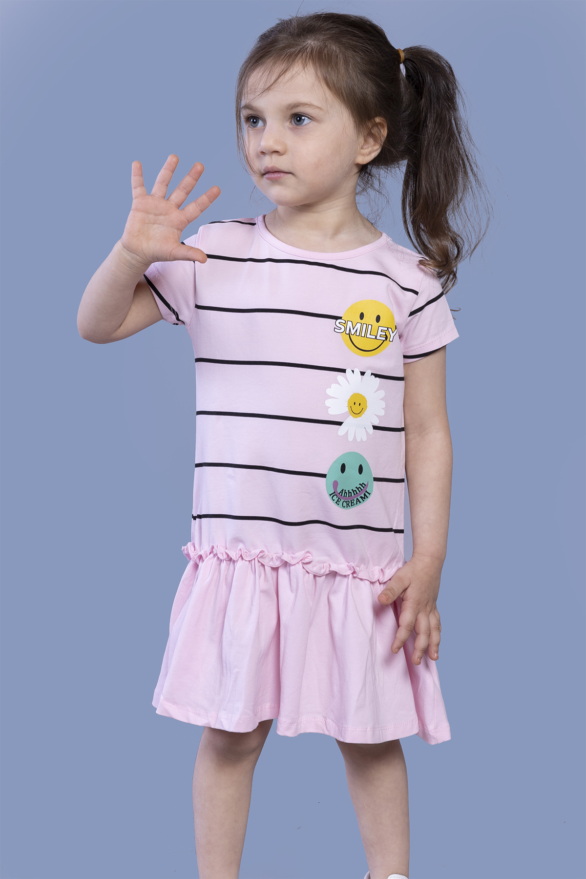 Toontoy Kız Çocuk Çizgi Desenli Büzgülü Elbise