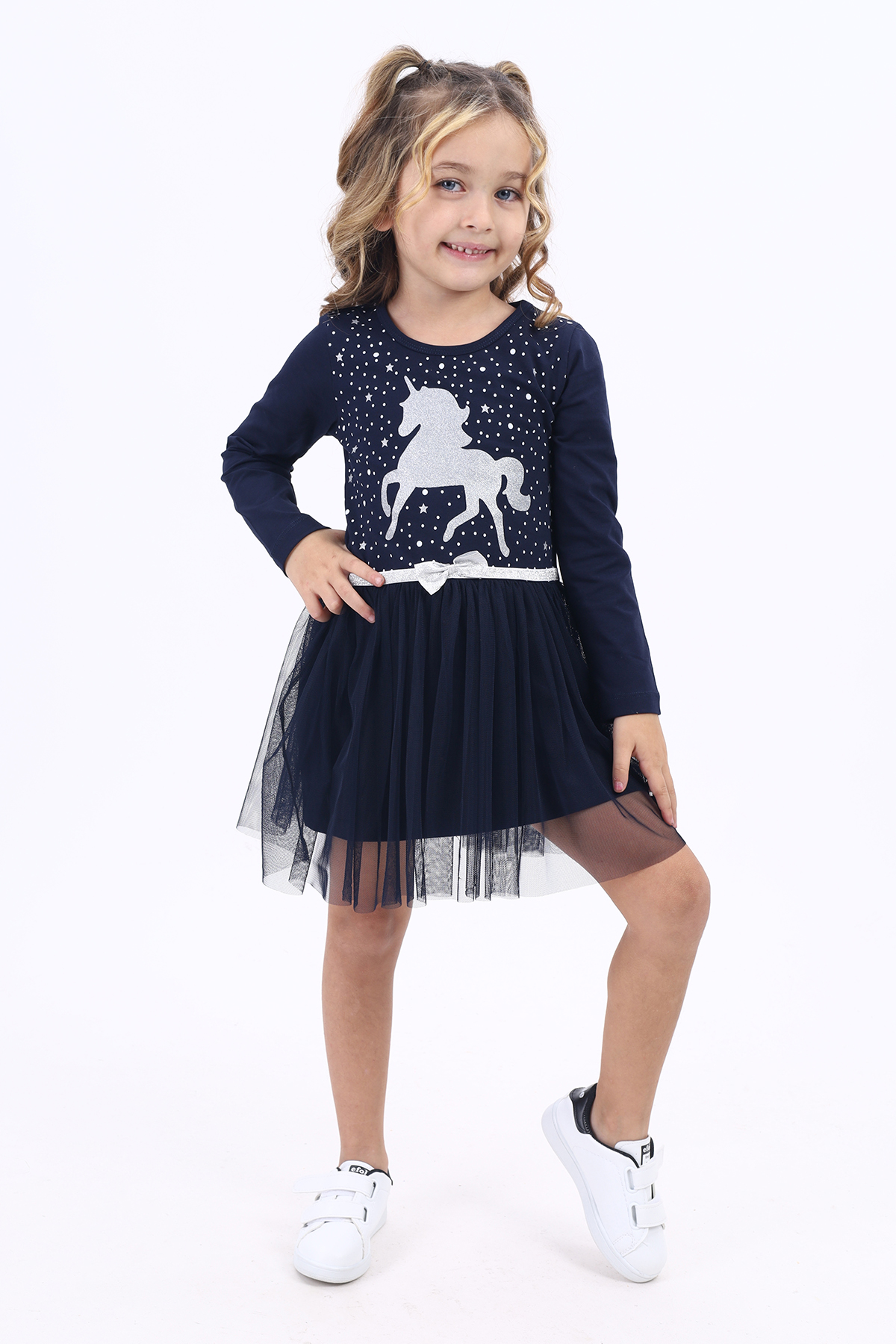 Toontoy Kız Çocuk Taş İşlemeli Tül Detaylı Unicorn Baskılı Elbise