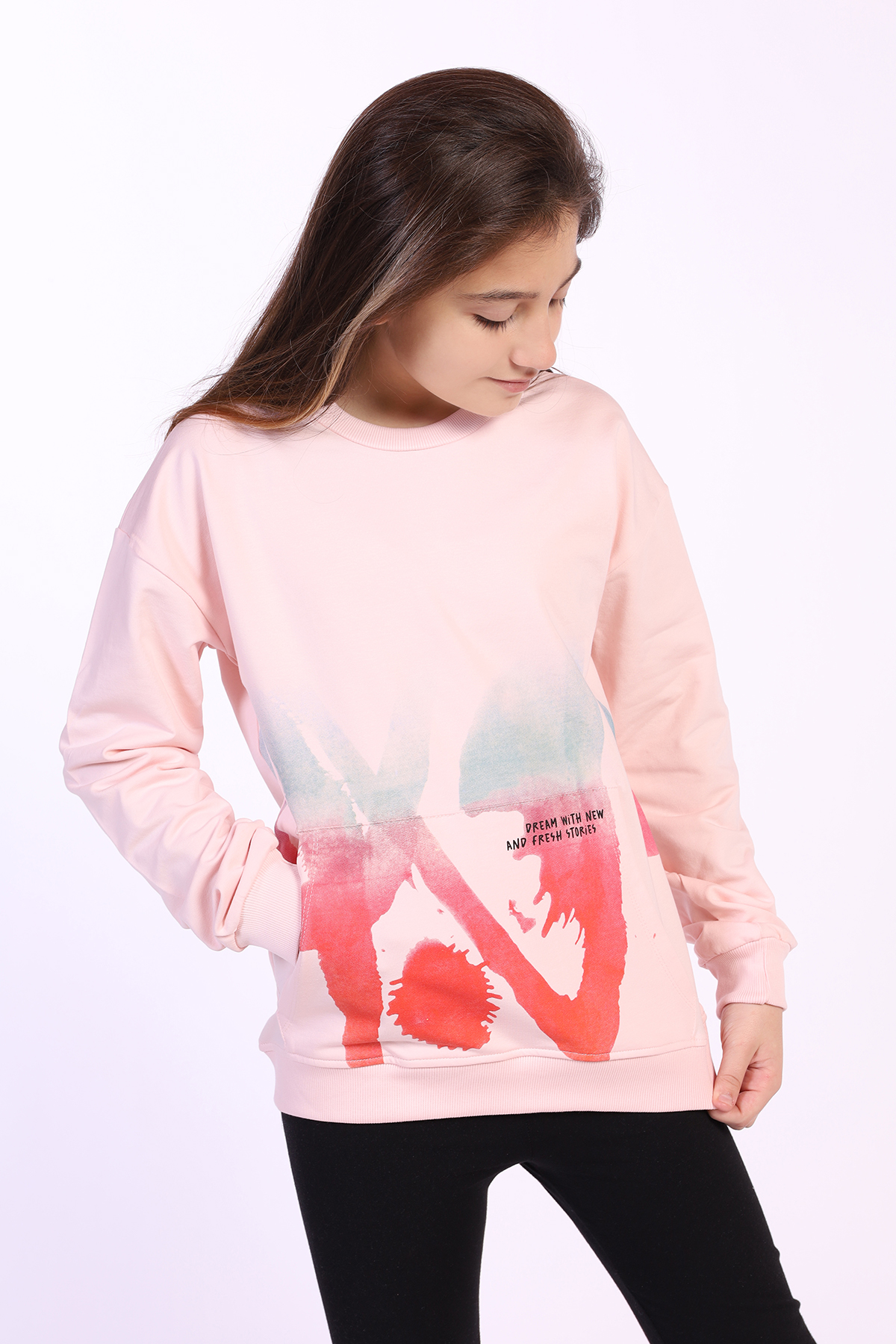 Toontoy Kız Çocuk Cepi Yazı Baskılı Sweatshirt