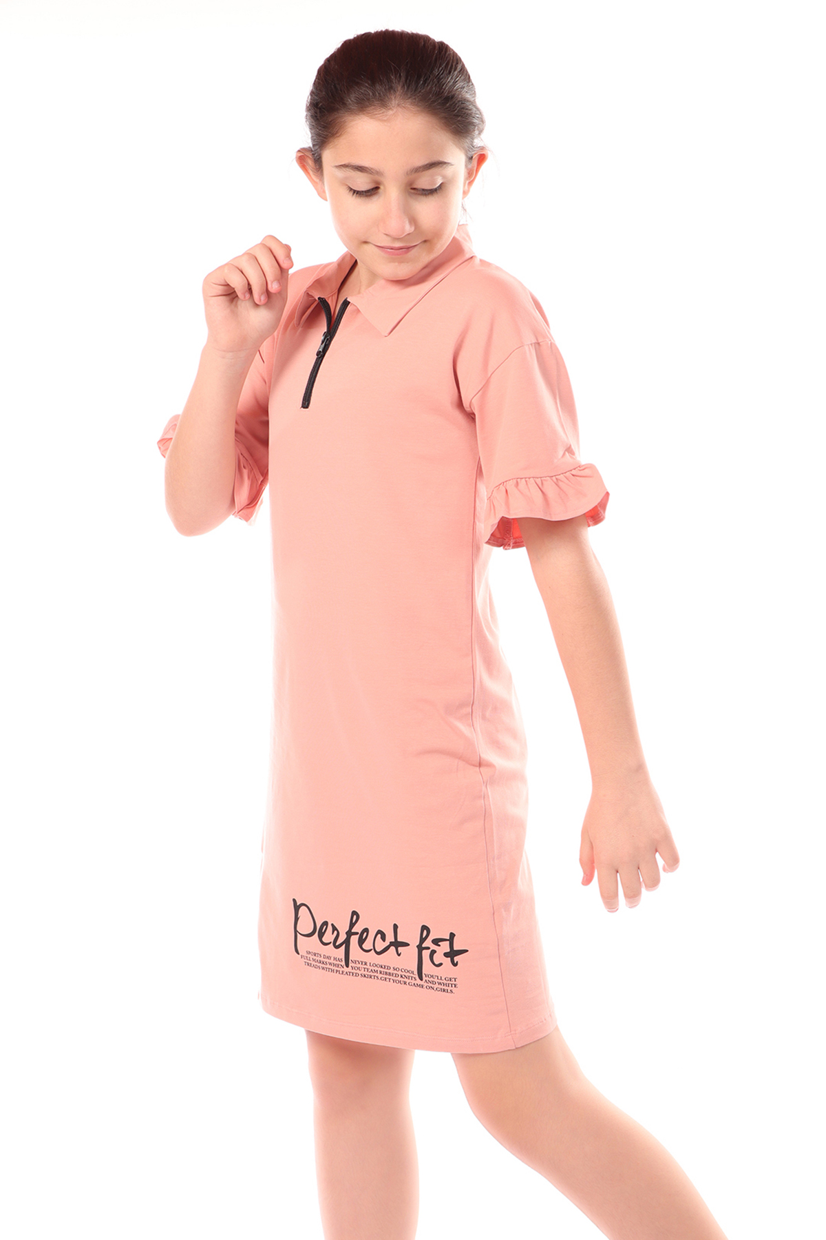 Toontoy Kız Çocuk Yakalı Fermuar Detaylı Perfect Fit Baskılı Elbi