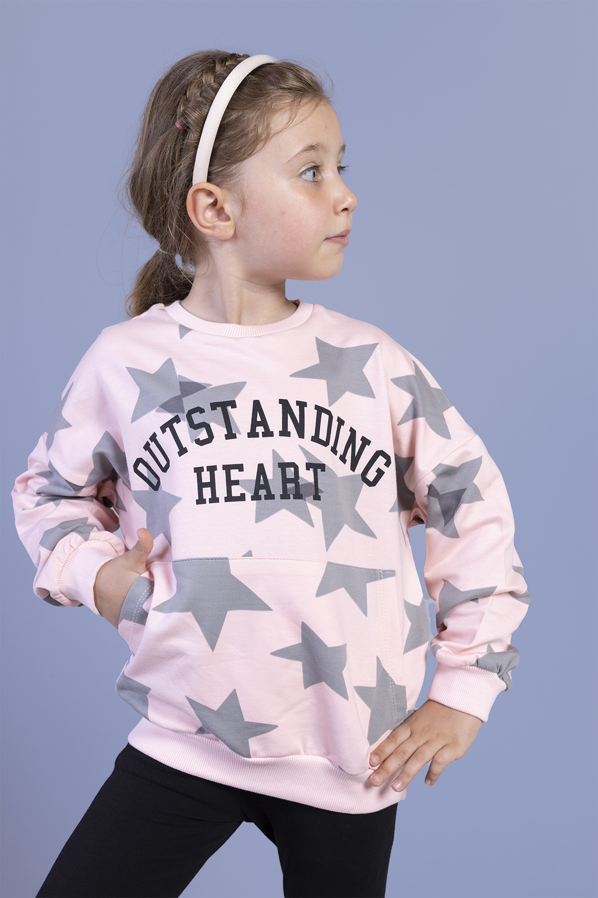 Toontoy Kız Çocuk Kanguru Cepli Komple Yıldız Baskılı Sweatshirt