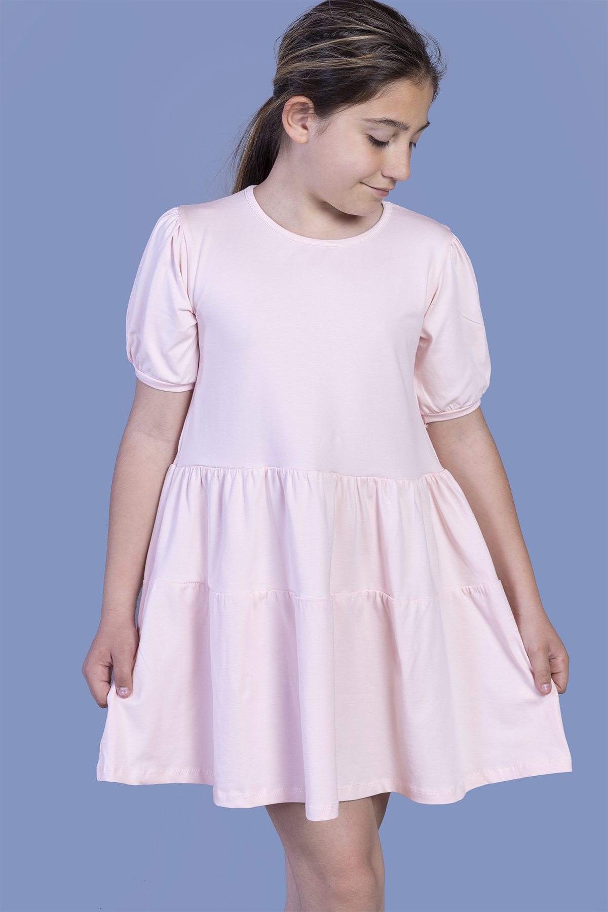 Toontoy Kız Çocuk Büzgülü Balon Kol Elbise