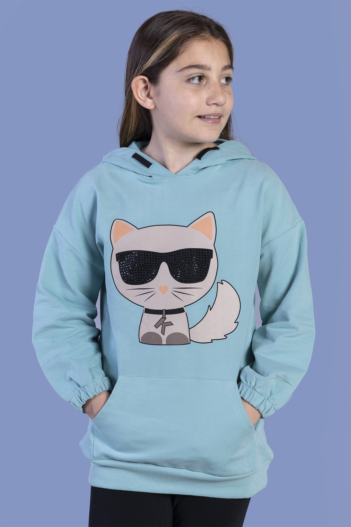 Toontoy Kız Çocuk Kedi Desenli Taş İşlemeli Kanguru Cepli Sweatsh