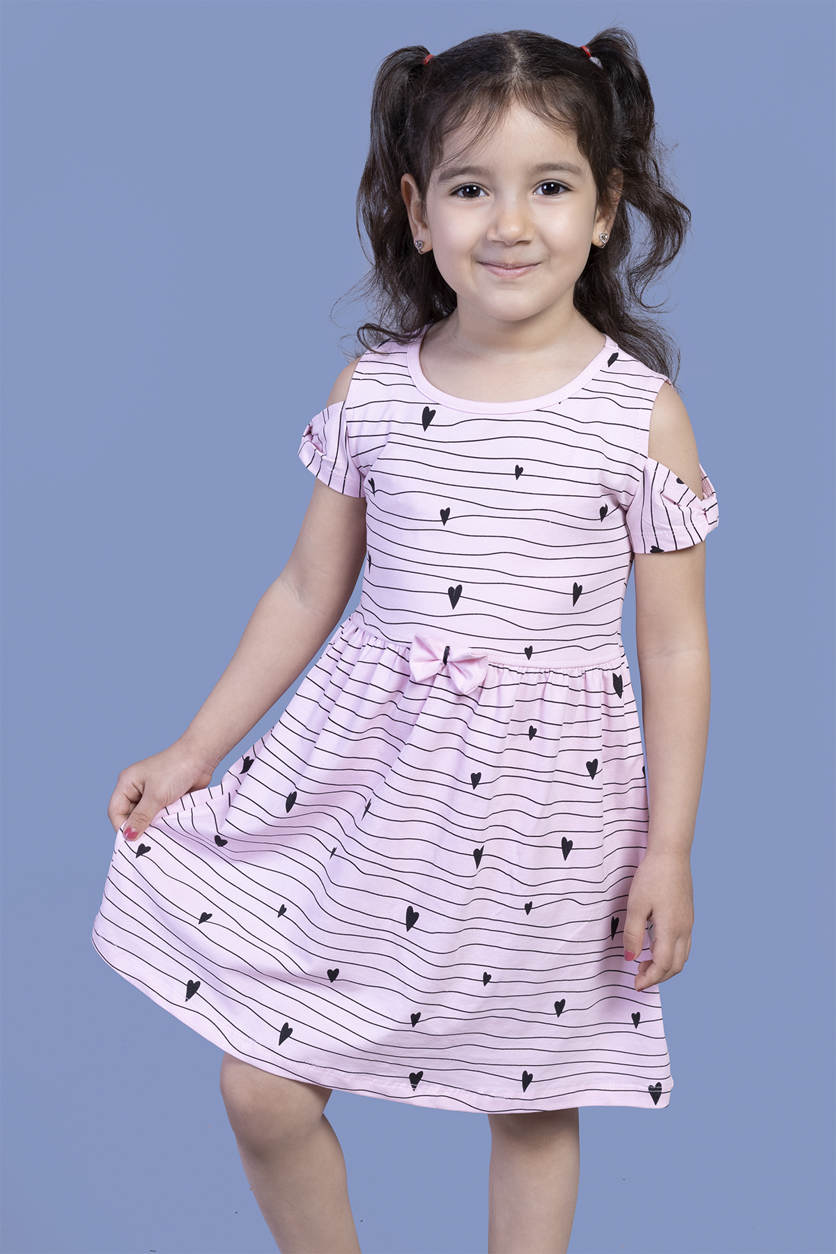 Toontoy Kız Çocuk Kalp Desenli Kolları Detaylı Elbise