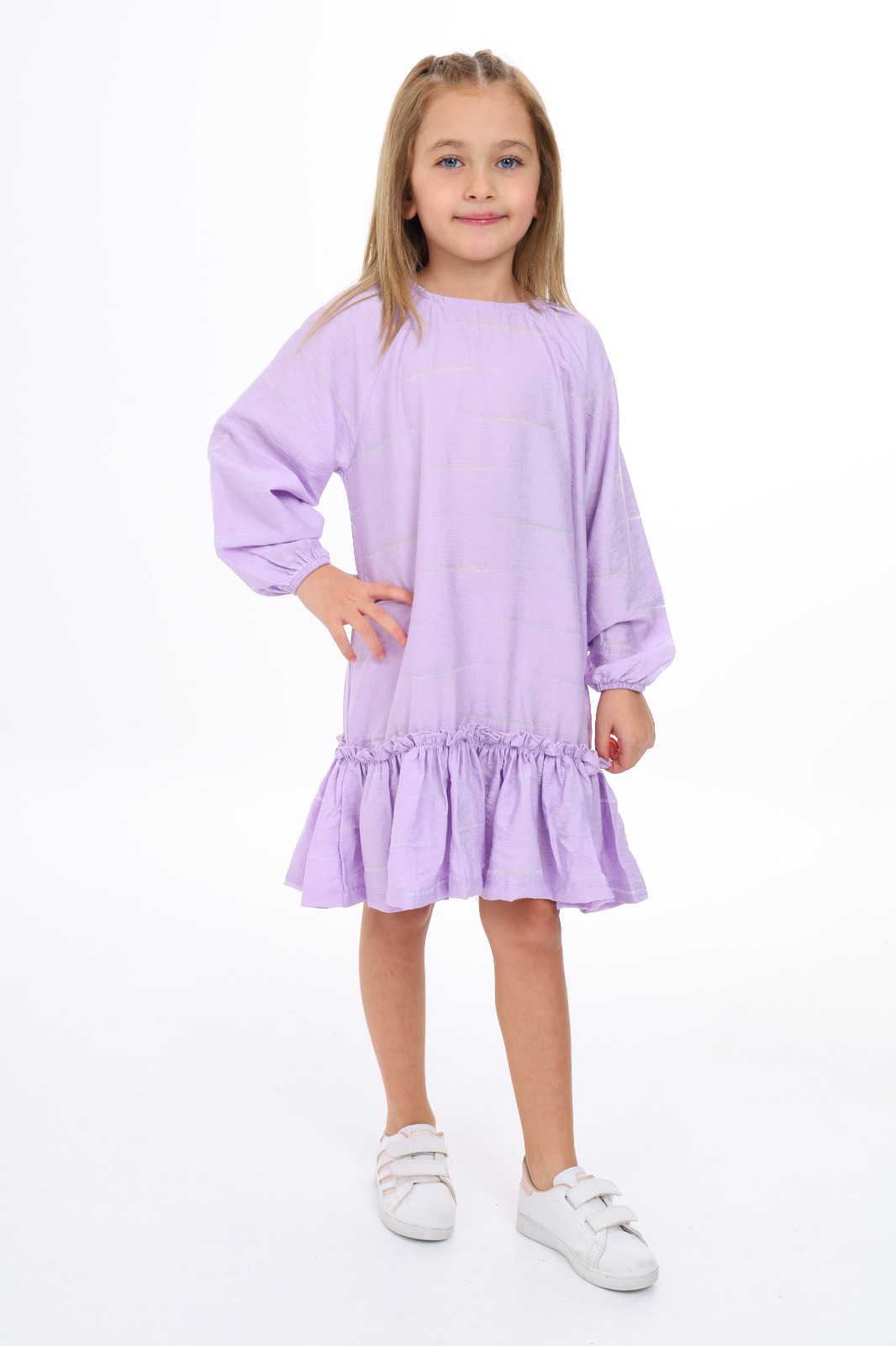 Toontoy Kız Çocuk Reglan Kol Fırfır Büzgülü Elbise