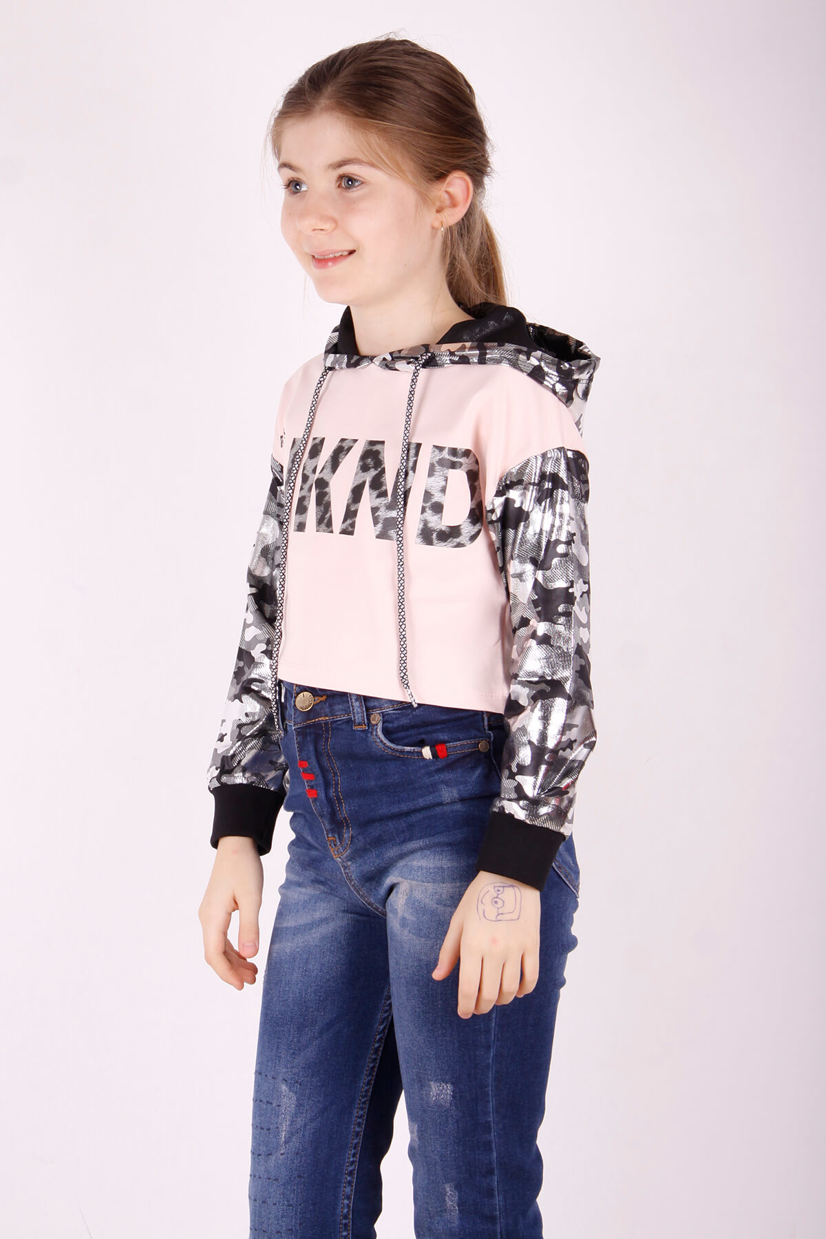 Toontoy Kız Çocuk Kamuflaj Desenli Kapşonlu Sweatshirt