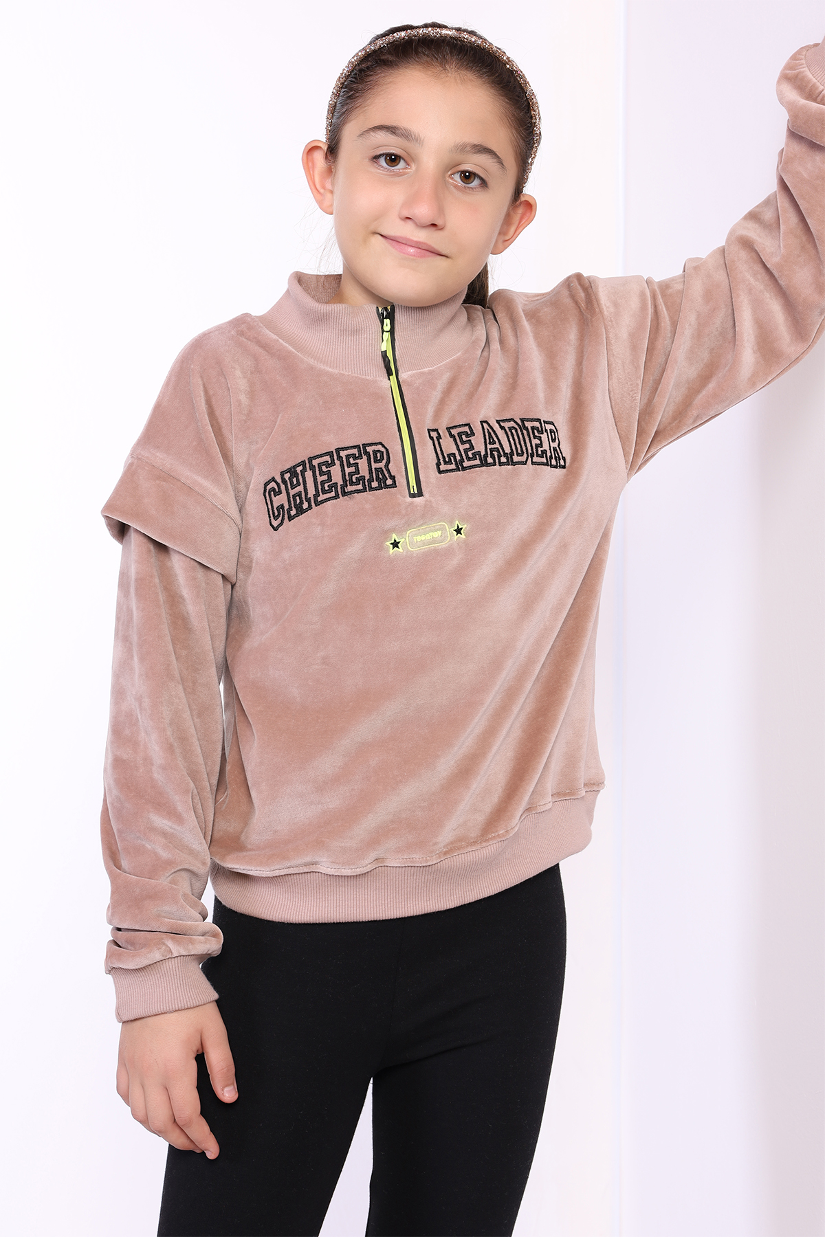 Toontoy Kız Çocuk Fermuar Detaylı Nakışlı Kadife Sweatshirt