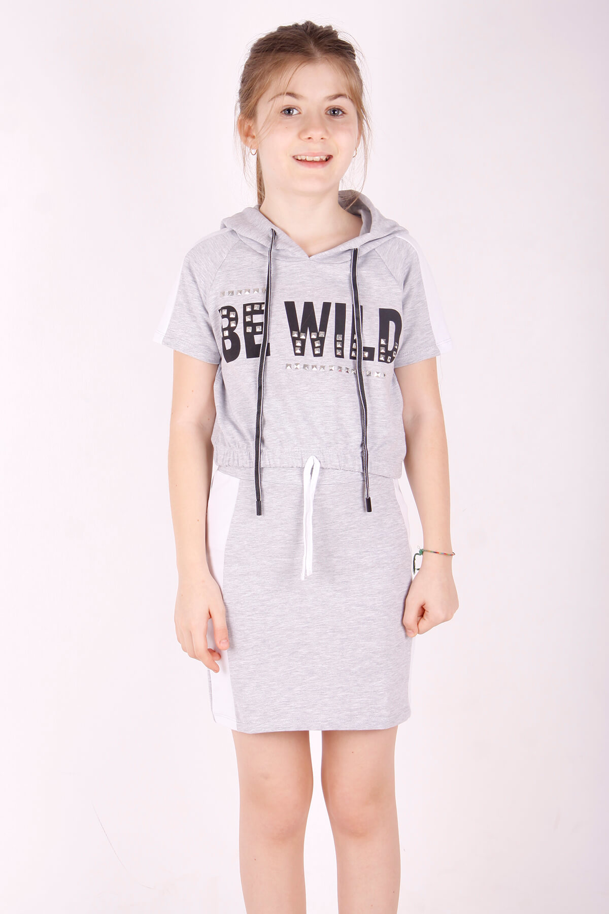 Toontoy Kız Çocuk Kapüşonlu BE WILD Baskılı Etekli Takım