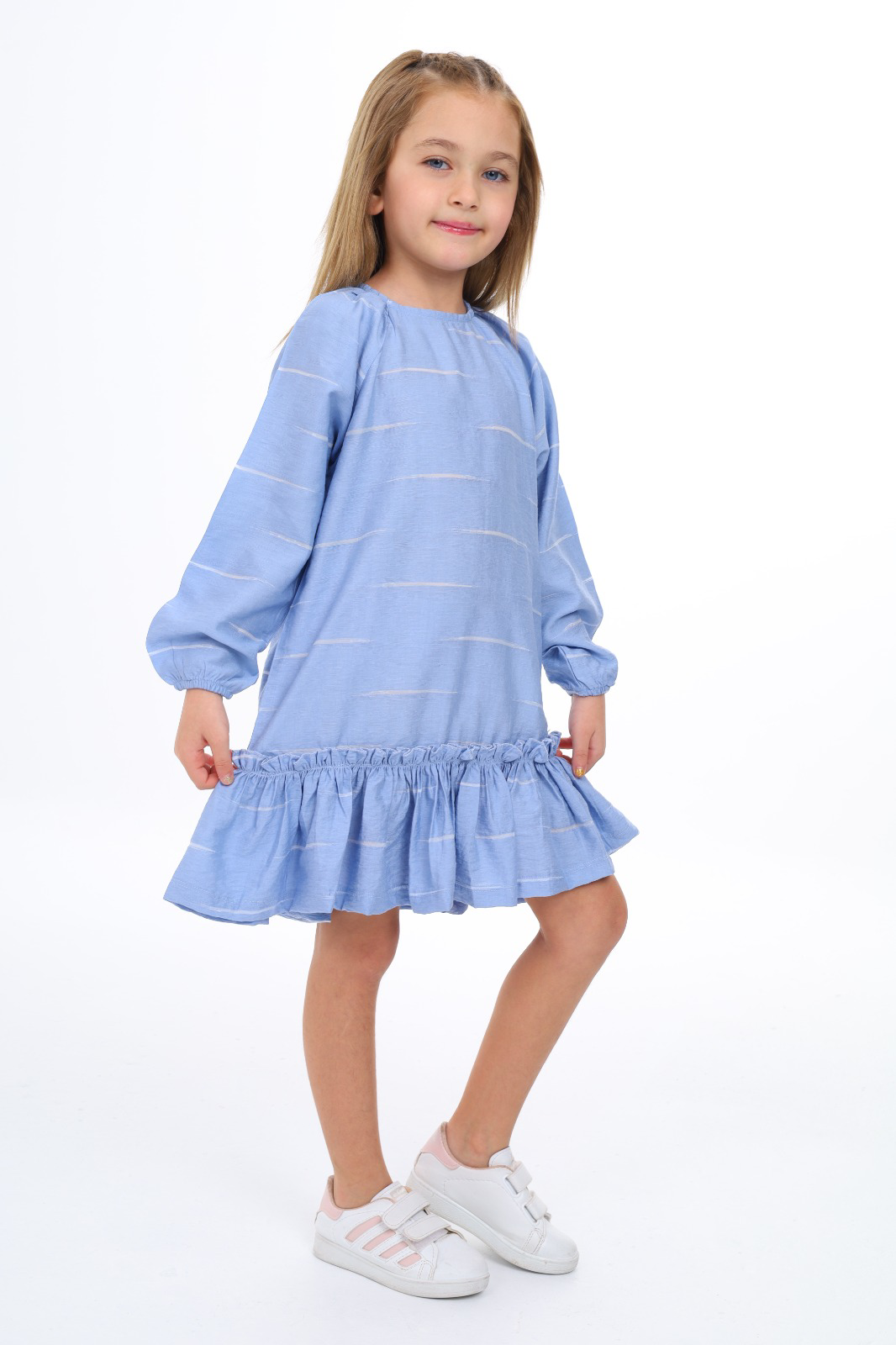Toontoy Kız Çocuk Reglan Kol Fırfır Büzgülü Elbise