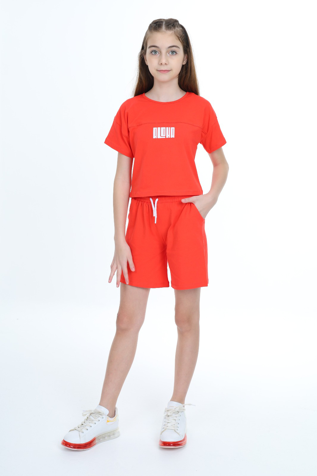 Toontoy  Kız Çocuk Crop Aloha Yazı Baskılı Şortlu Takım