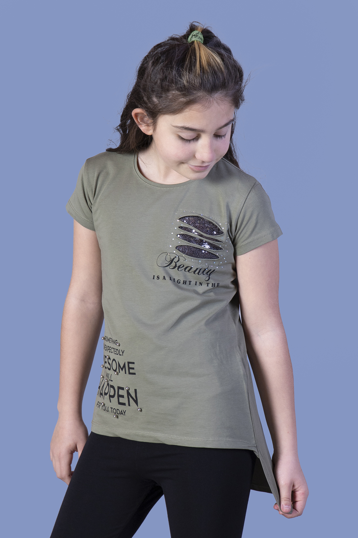 Toontoy  Kız Çocuk T-Shirt Göğsü Lazer Kesim Taşlı