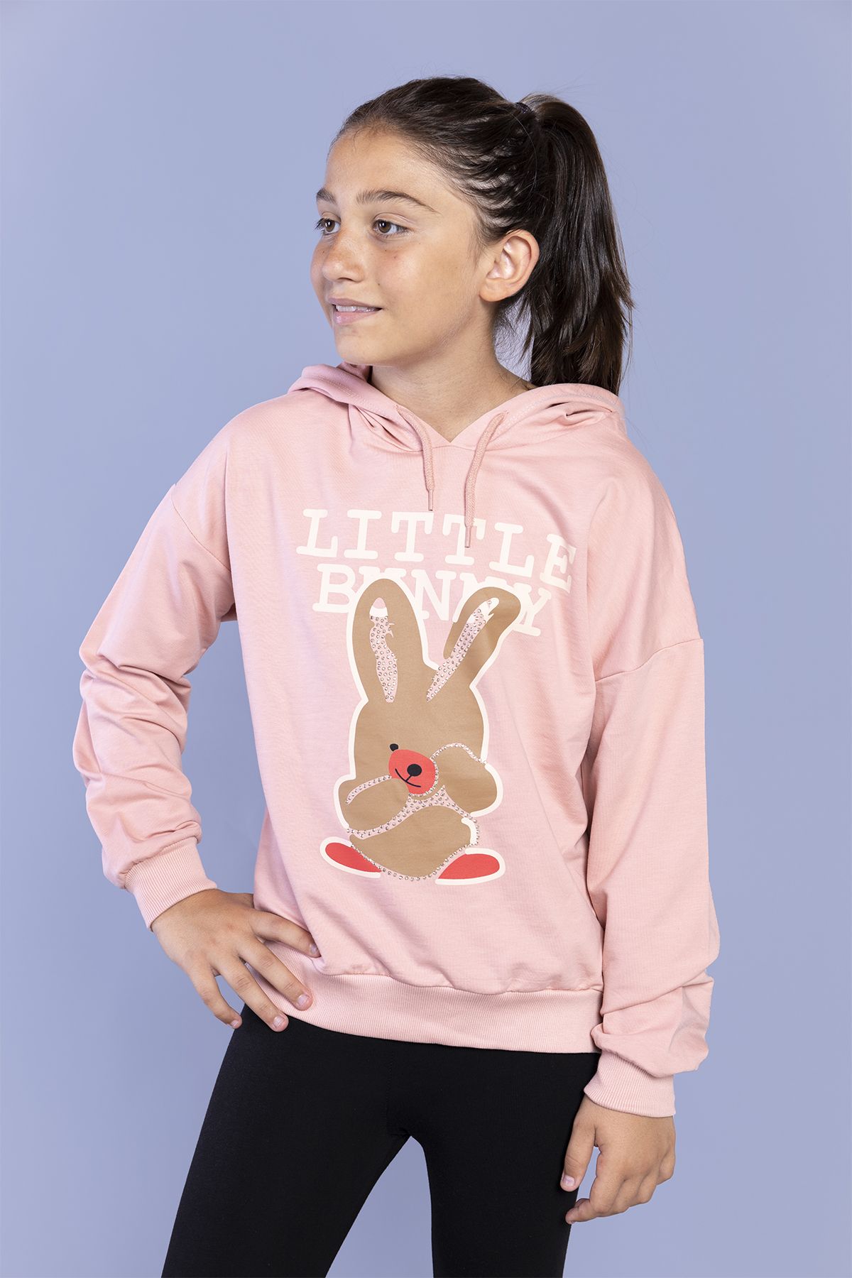 Toontoy Kız Çocuk Tavşan Baskılı Kapüşonlu Sweatshirt