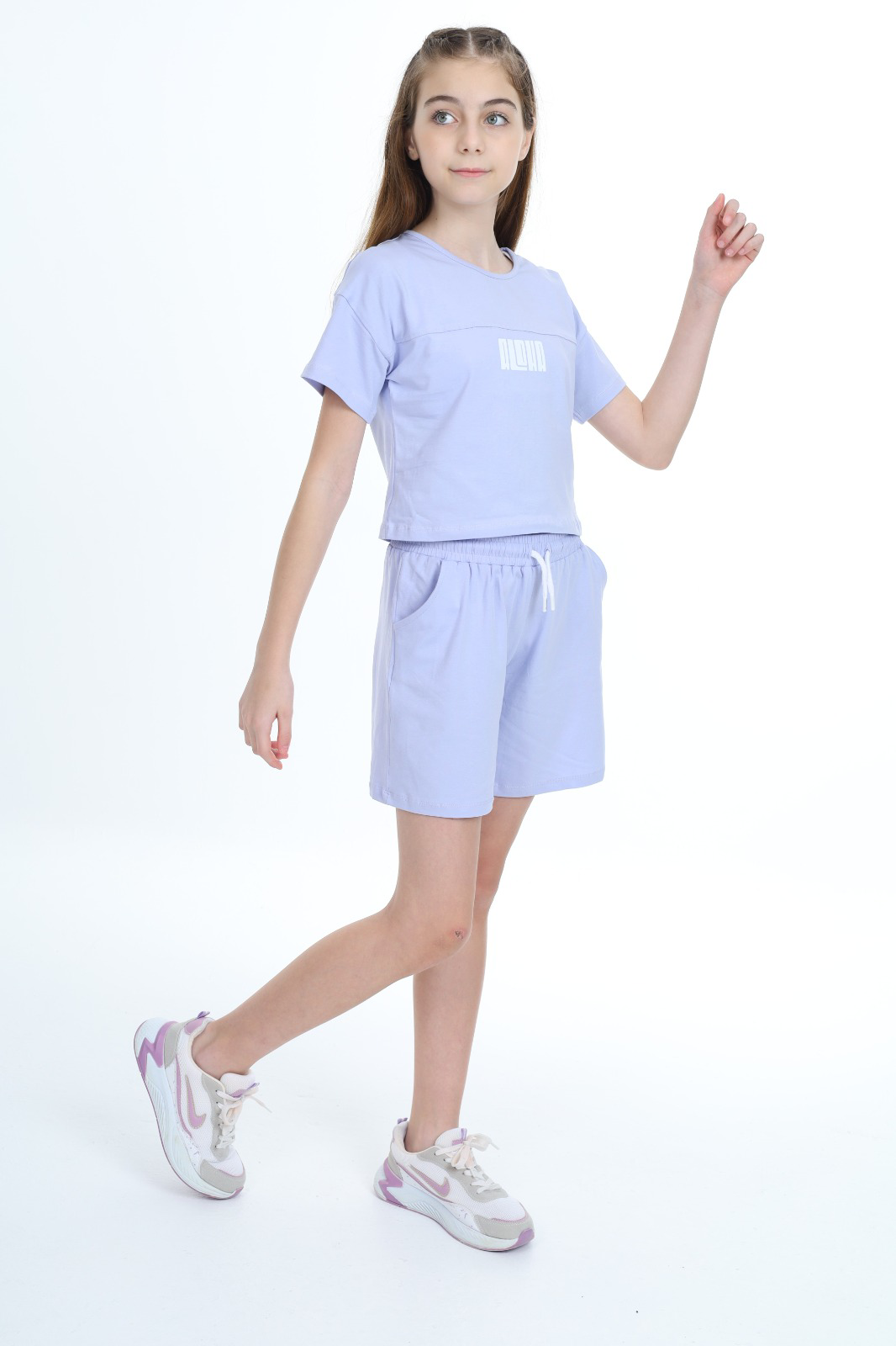 Toontoy  Kız Çocuk Crop Aloha Yazı Baskılı Şortlu Takım