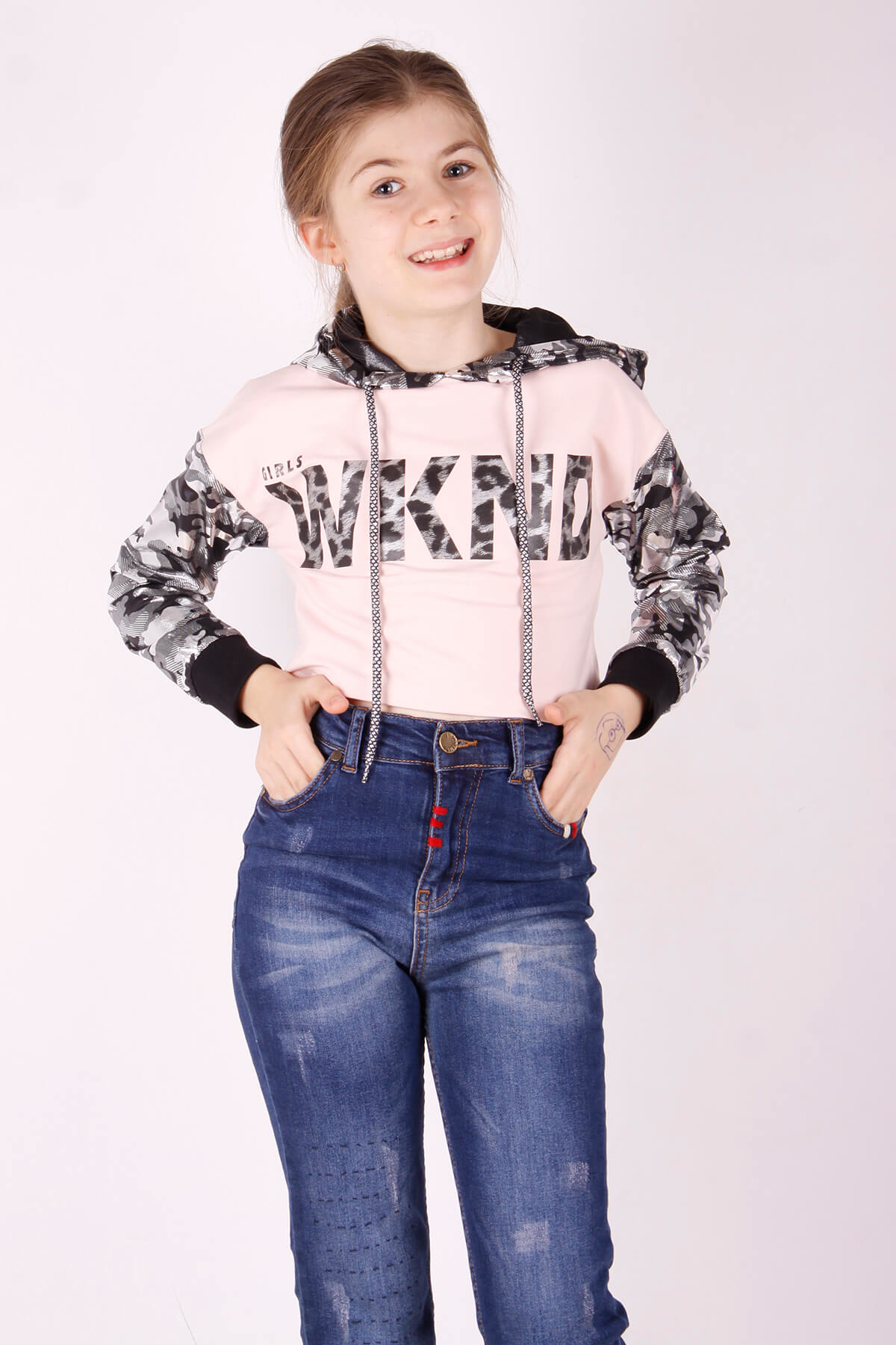 Toontoy Kız Çocuk Kamuflaj Desenli Kapşonlu Sweatshirt