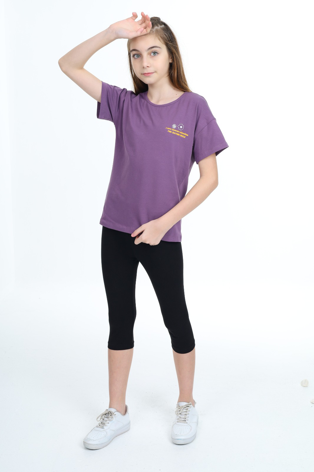 Toontoy Kız Çocuk Göğsü Çiçek Yazı Baskılı Taytlı Takım