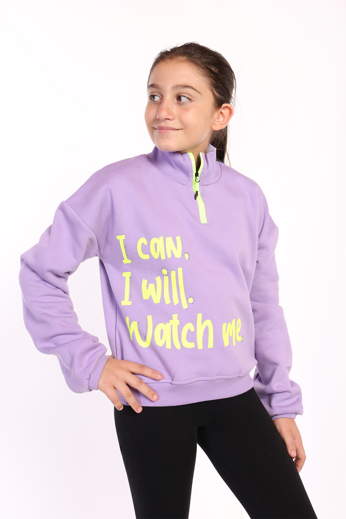 Toontoy Kız Çocuk Dik Yaka Fermuarlı Baskılı Sweatshirt